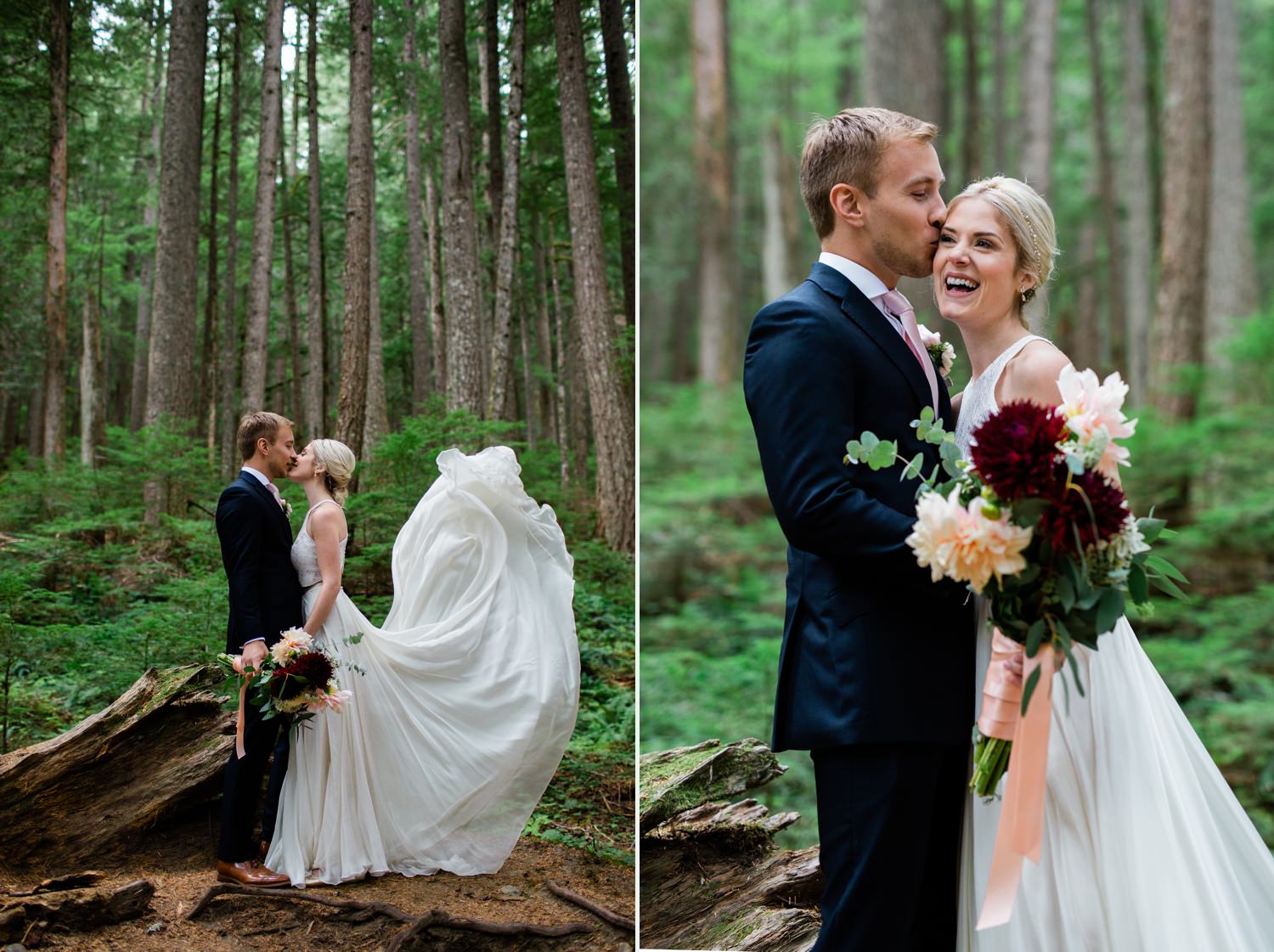 seattle wedding photographer captures bride and groom in the forest at mount rainier