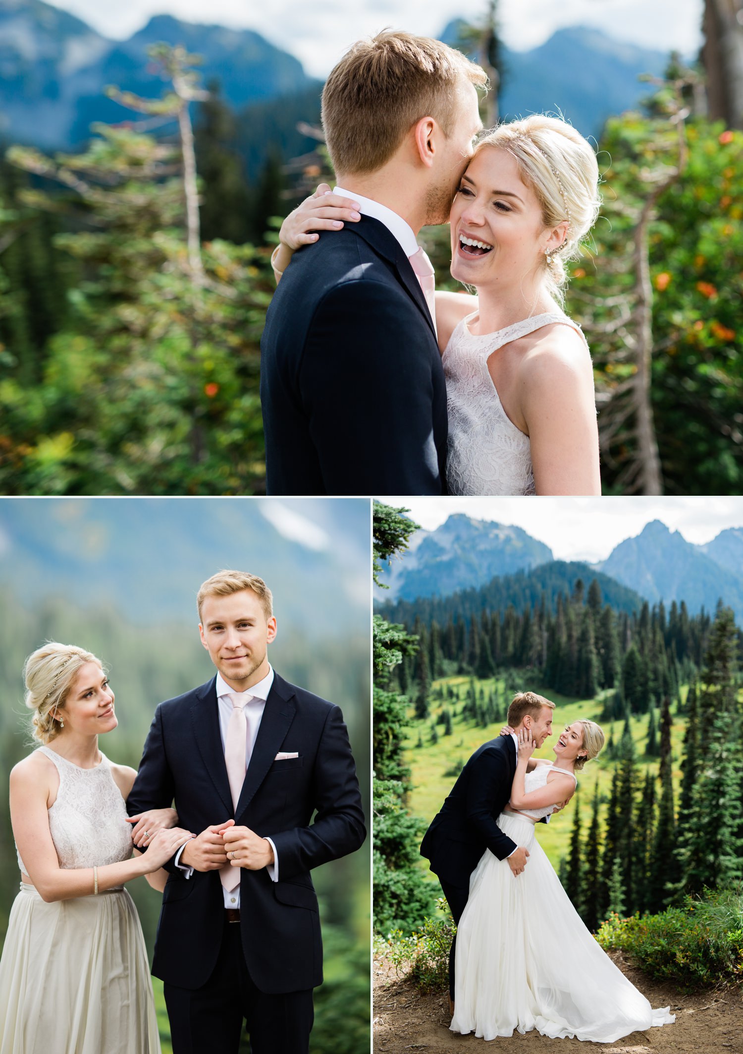 wedding couple laughing at mount rainier national park