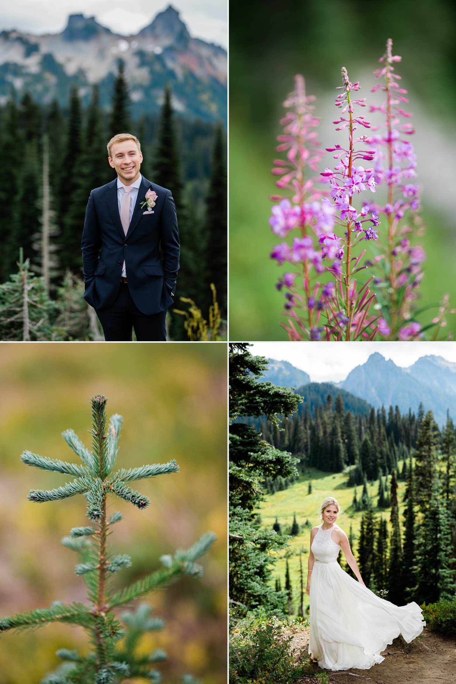 bride and groom at mount rainier national park