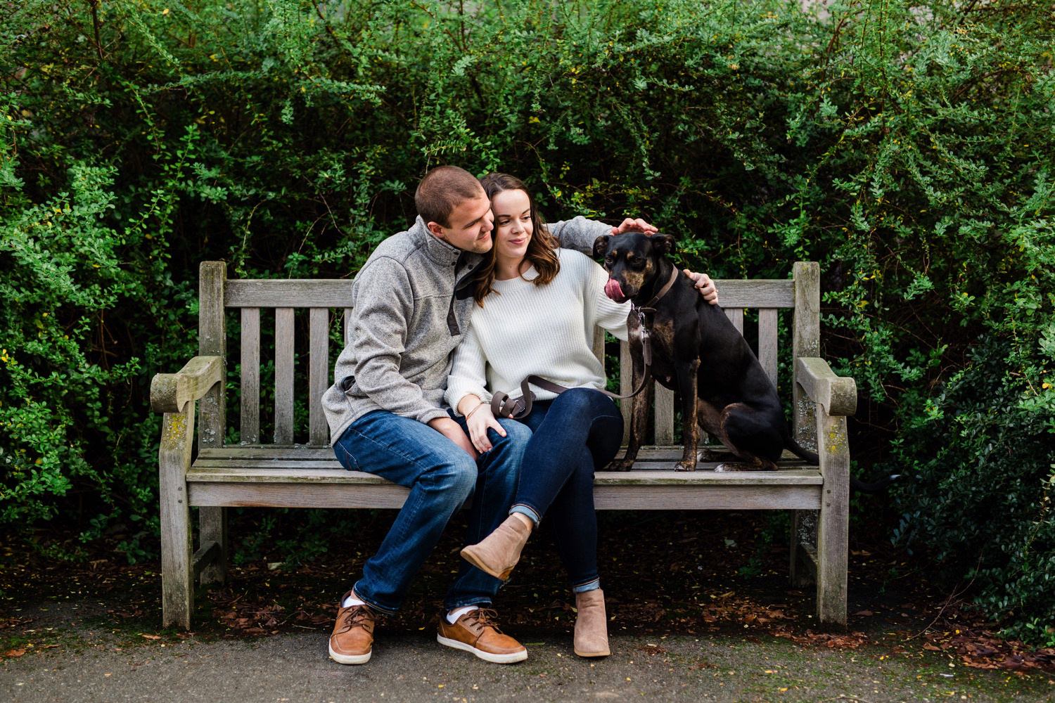 a couple sitting with their dog at their engagement session at University of Washington in Seattle