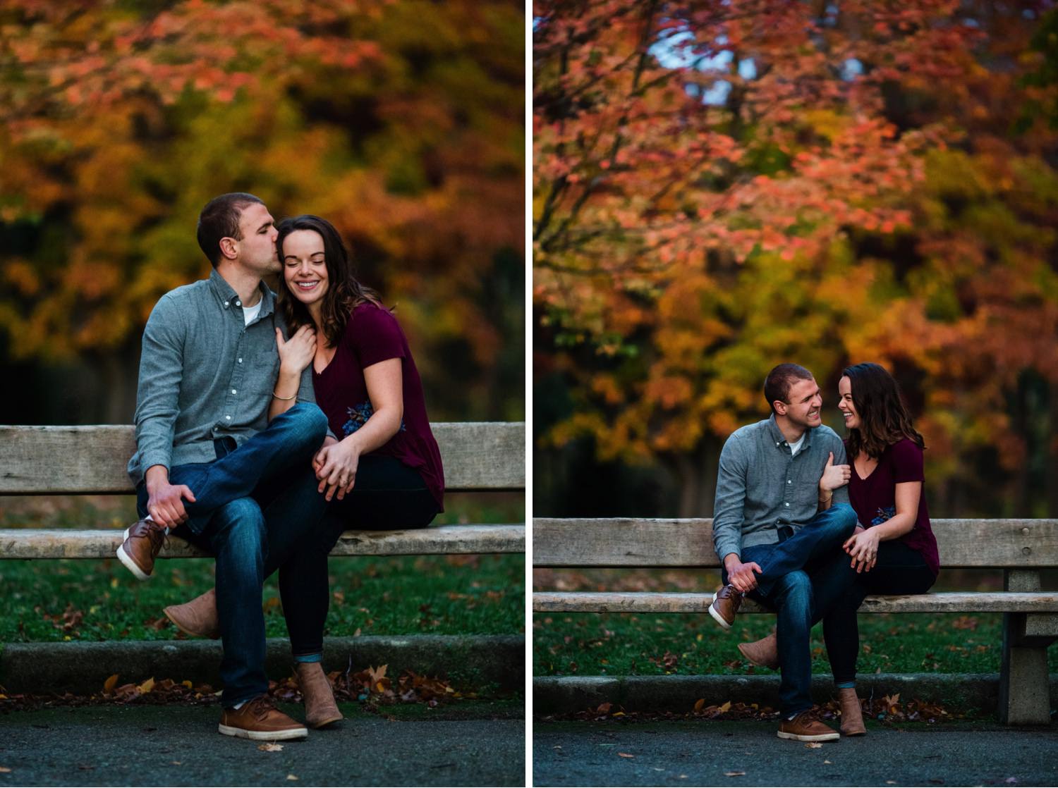 a happy couple at their engagement session at University of Washington in Seattle in the fall colors