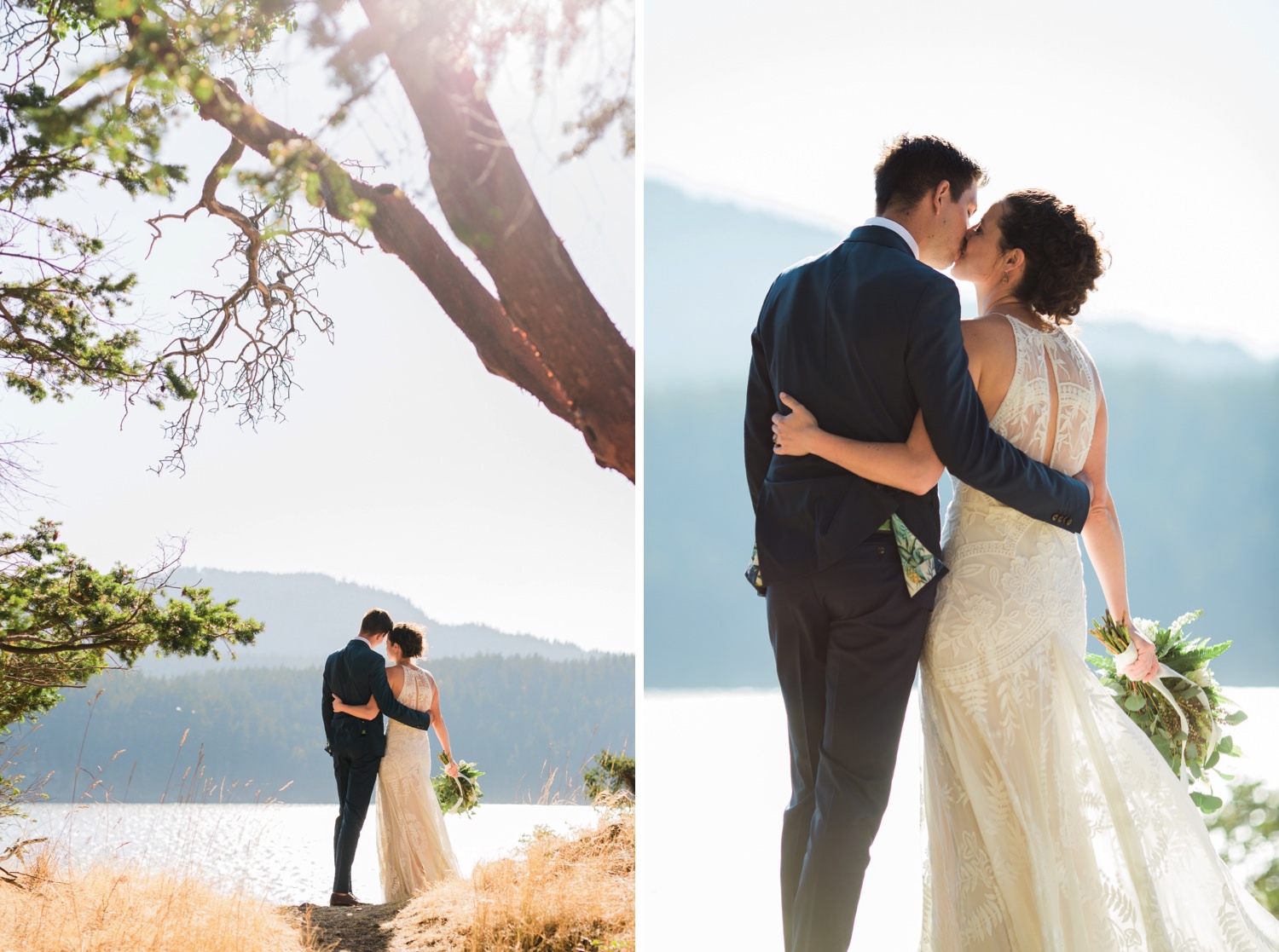 wedding couple embracing after ceremony in the San Juan Islands