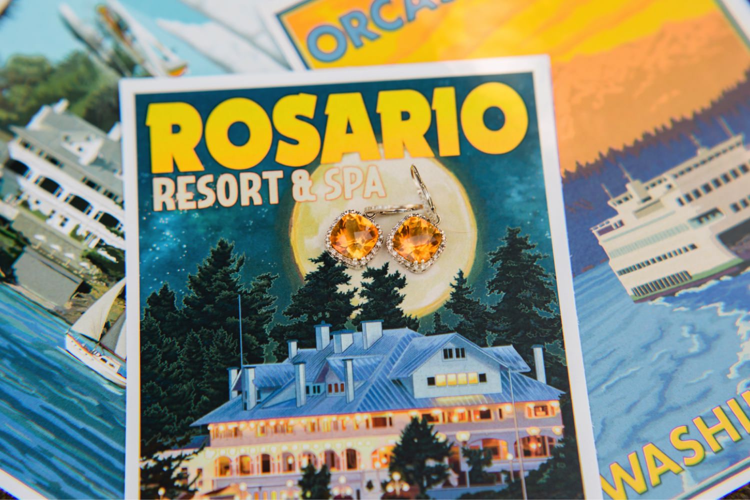 bride's earrings on Rosario Resort postcards