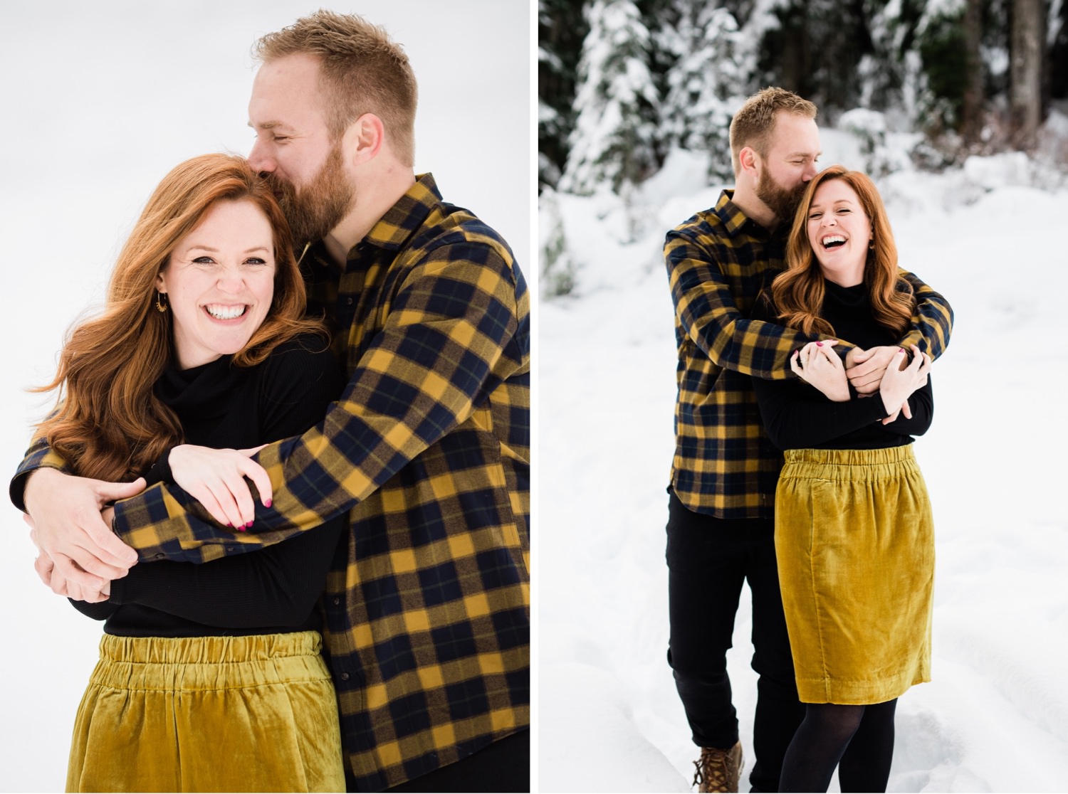 couple laughing in the snow at engagement session at Alpental