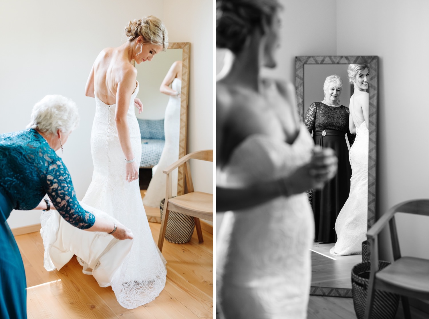 mother of the bride helping bride into dress on wedding day