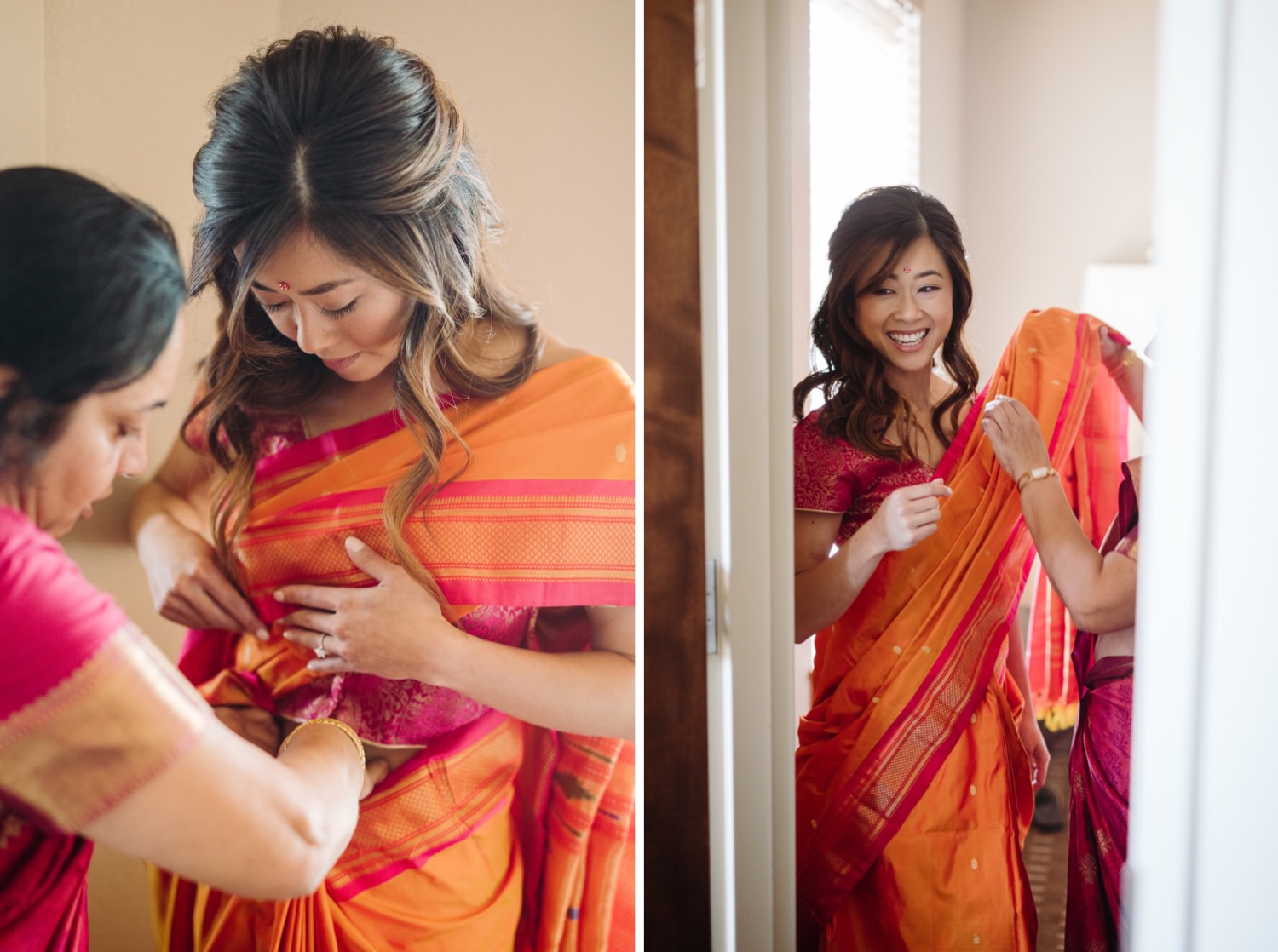 bride getting dressed in Indian wedding attire