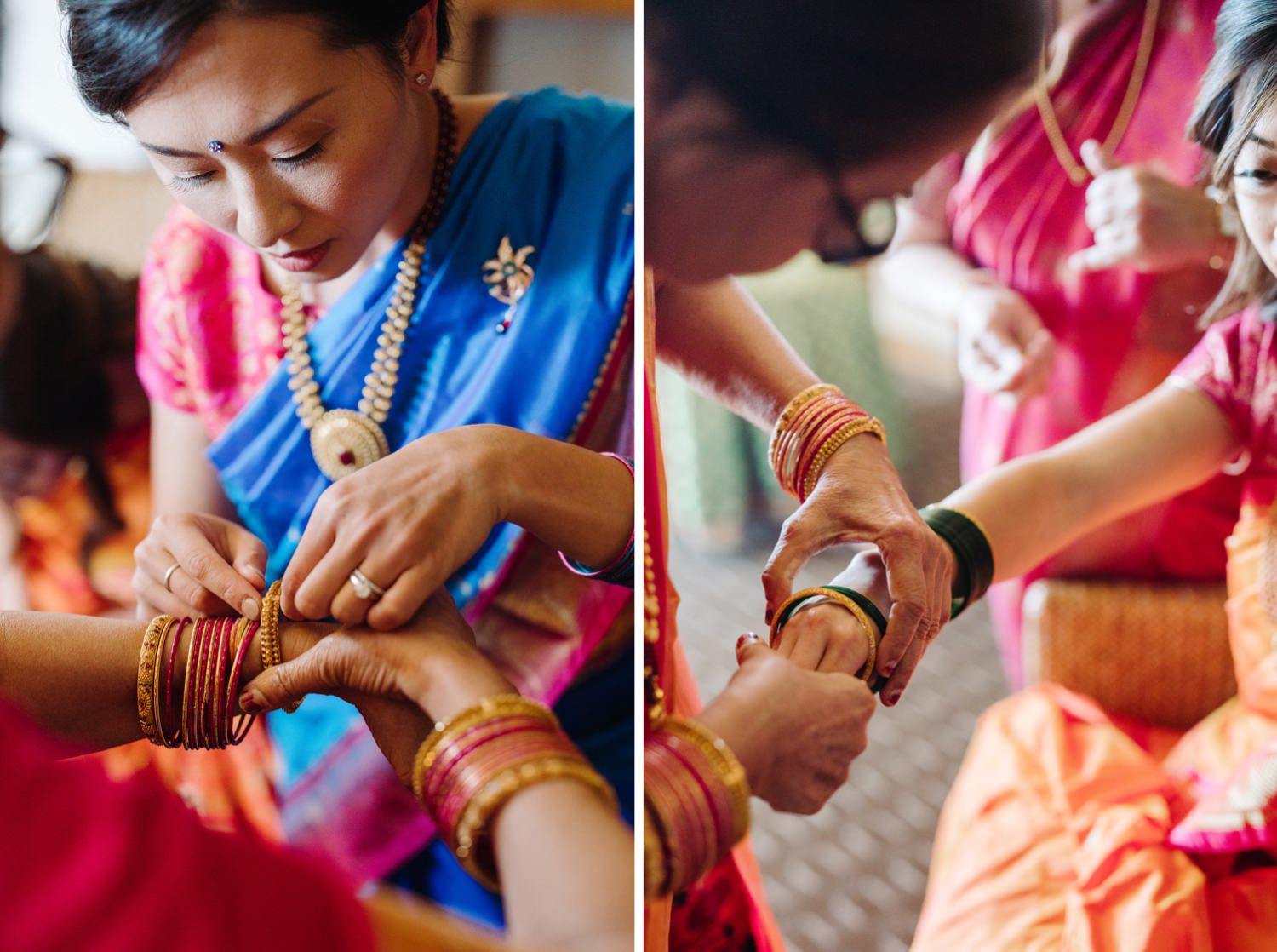 bride putting on bracelets at Indian wedding