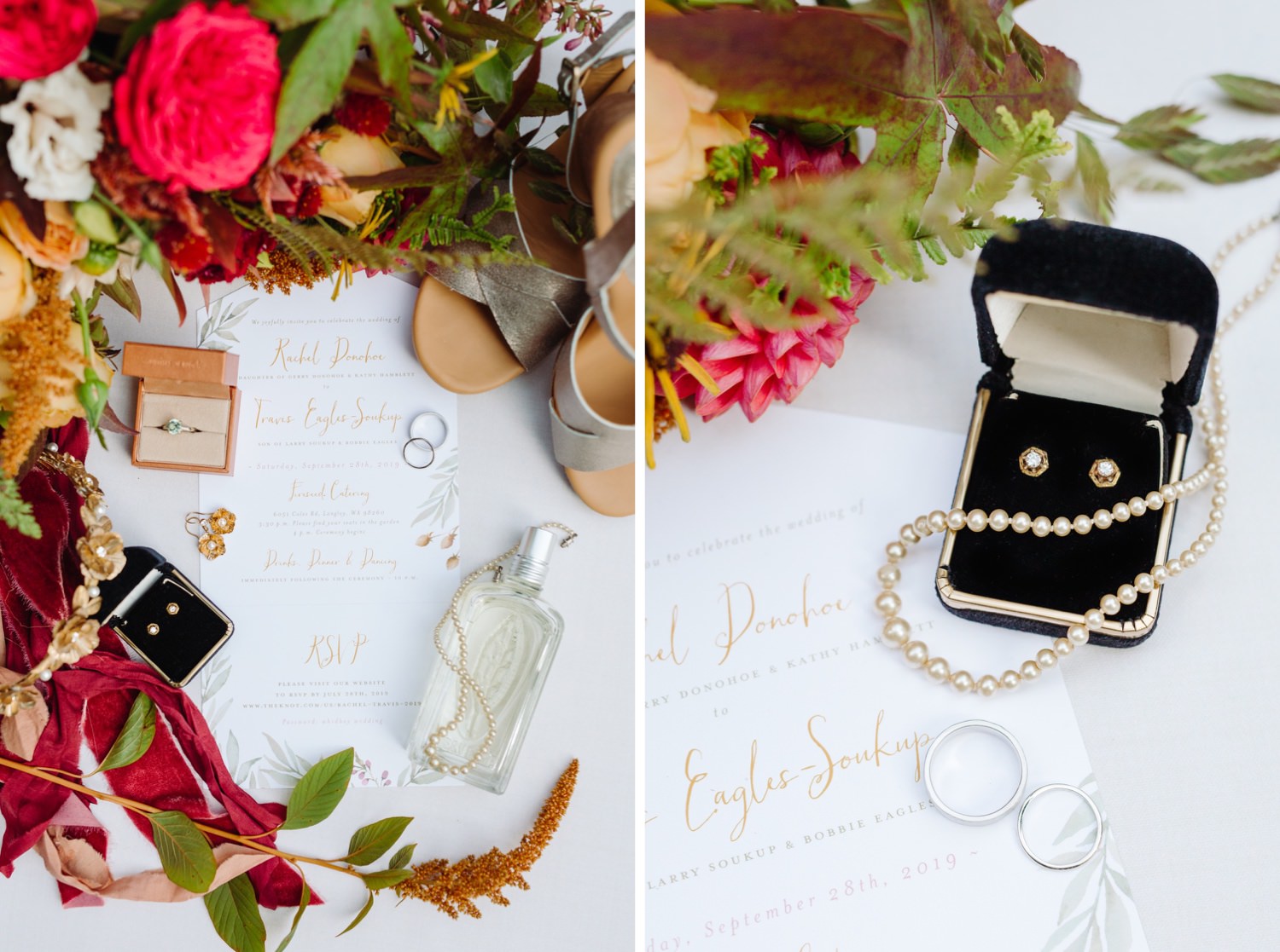 wedding invitation, flowers, and jewelry at fireseed catering wedding venue