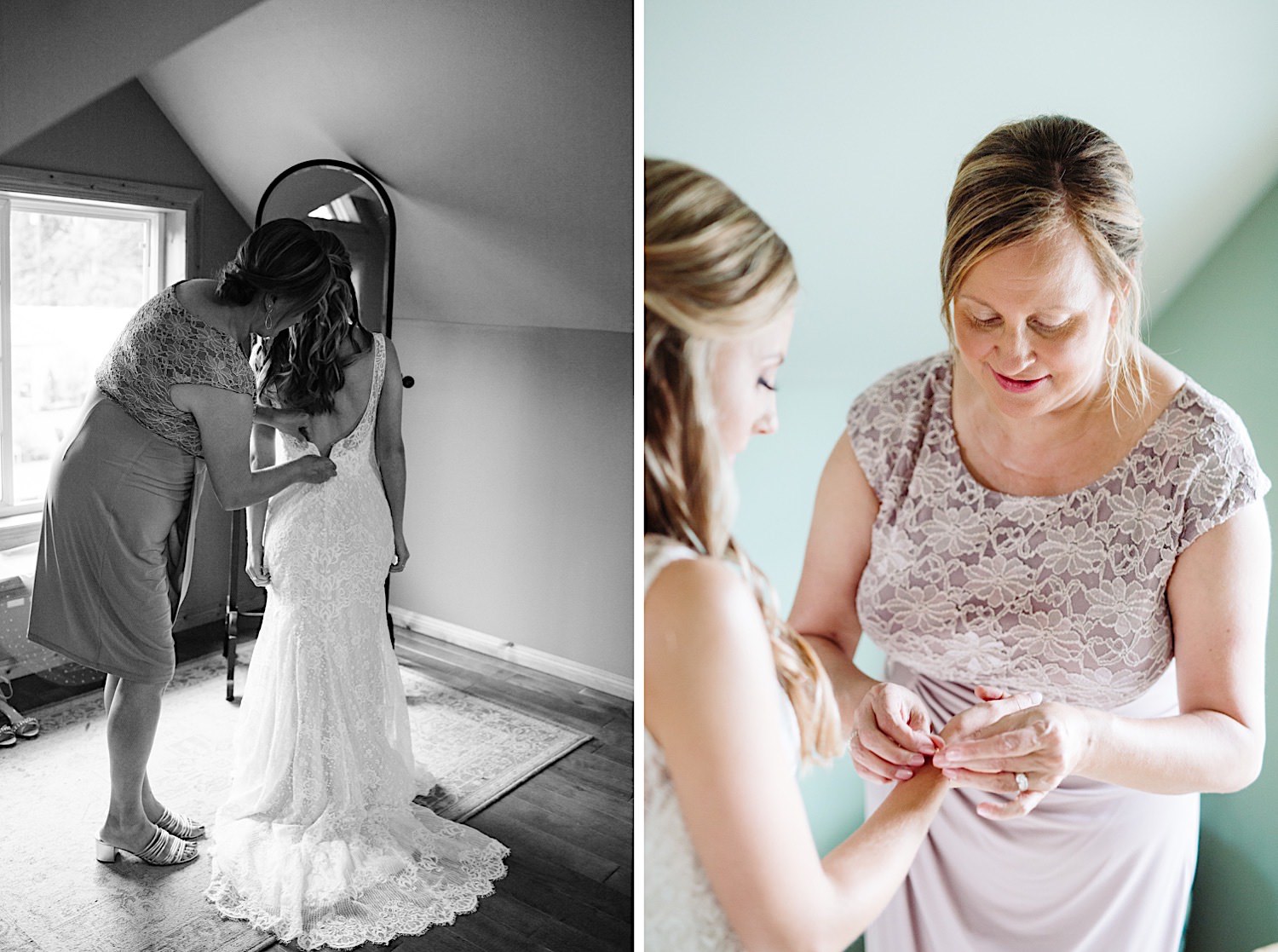 mother helping bride get ready at Pine Creek Farms and Nursery