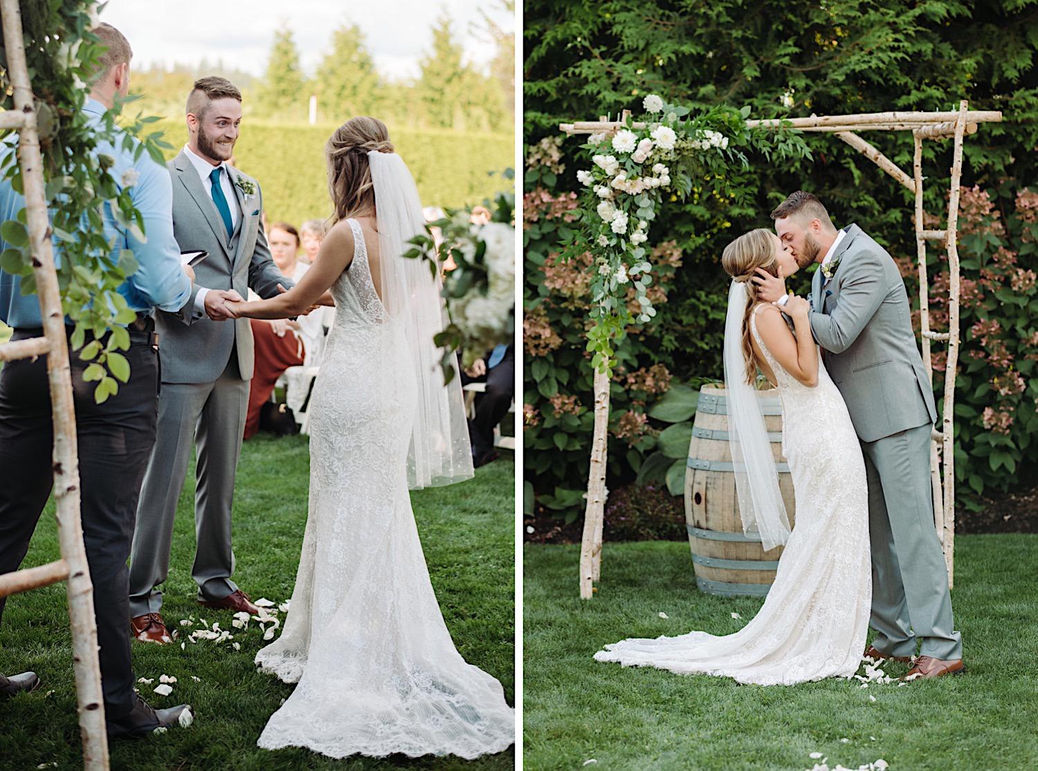 couple sharing their first kiss in an outdoor ceremony at Pine Creek Farms and Nursery in Monroe, Washington