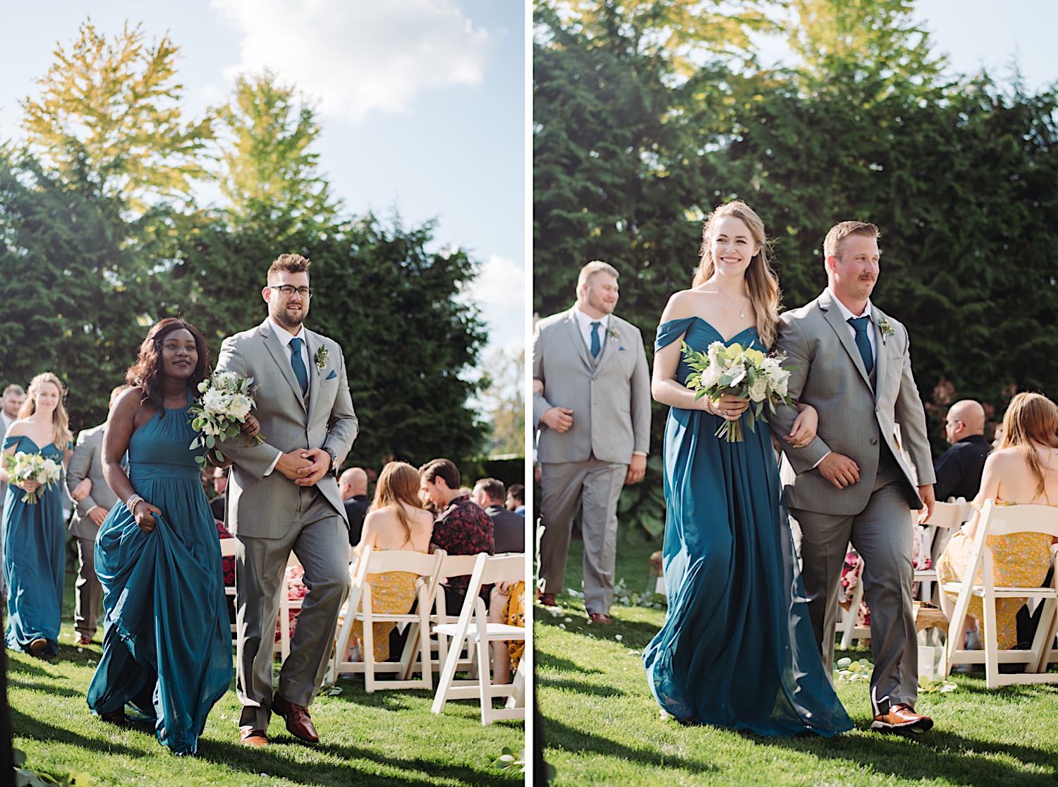 bridesmaids and groomsmen walking in wedding ceremony at Pine Creek Farms and Nursery