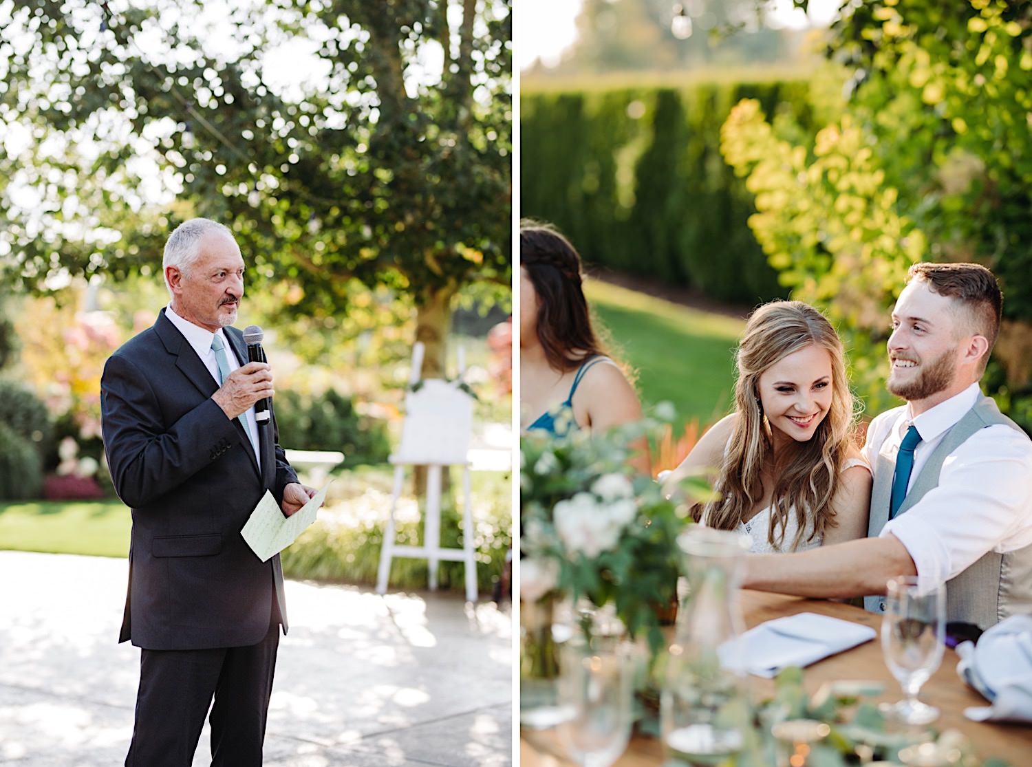 man giving wedding speech at outdoor reception at Pine Creek Farms and Nursery