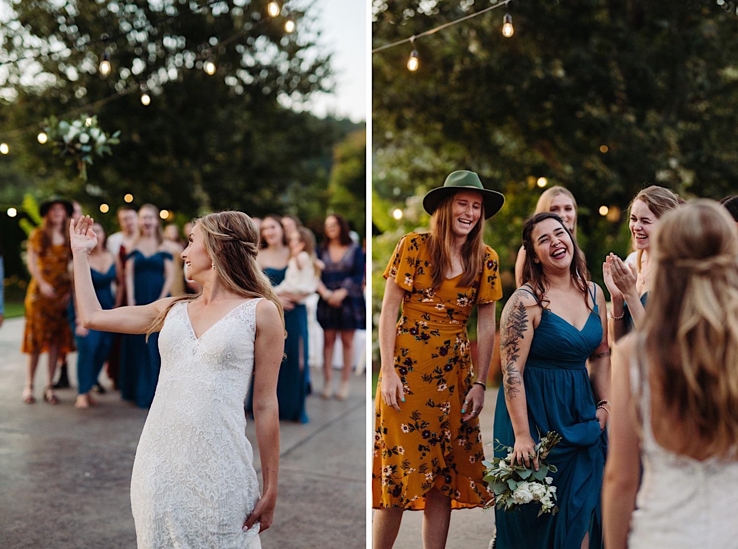 bouquet toss at Pine Creek Farms and Nursery