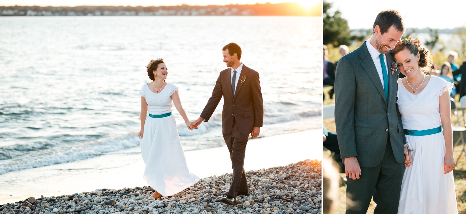 wedding couple at ceremony and walking on beach
