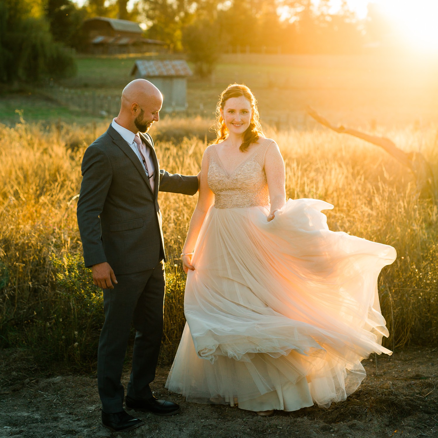beautiful wedding couple dancing in the sunset in sonoma county california