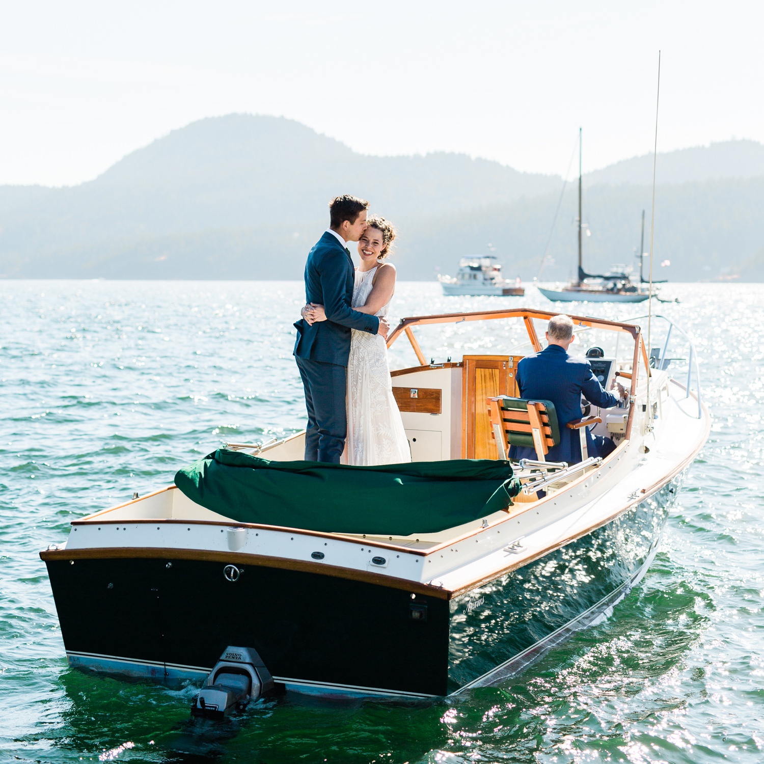 wedding couple on a boat at Rosario Resort on Orcas Island