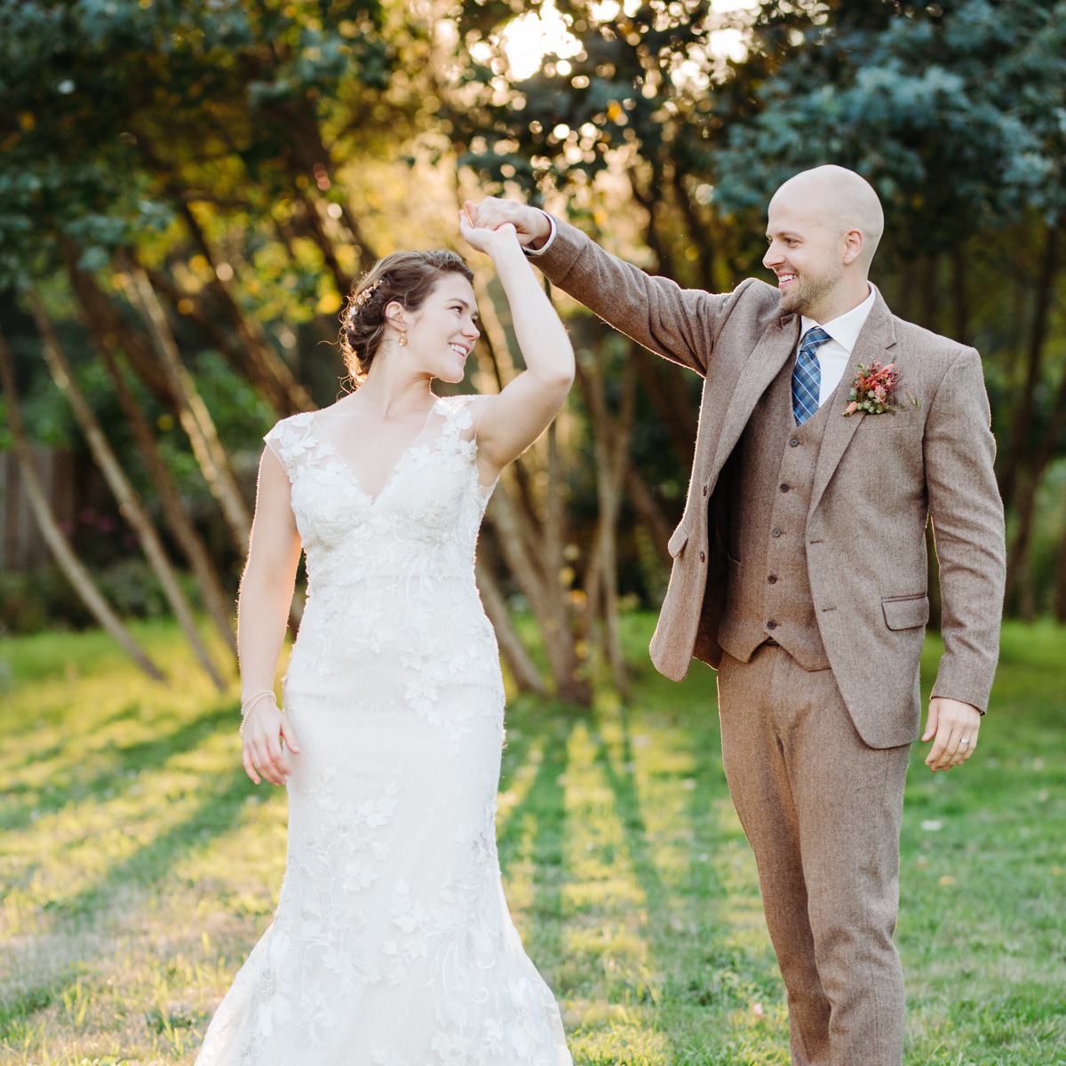 wedding couple dances in the evening light at fireseed catering wedding venue on whidbey island in washington