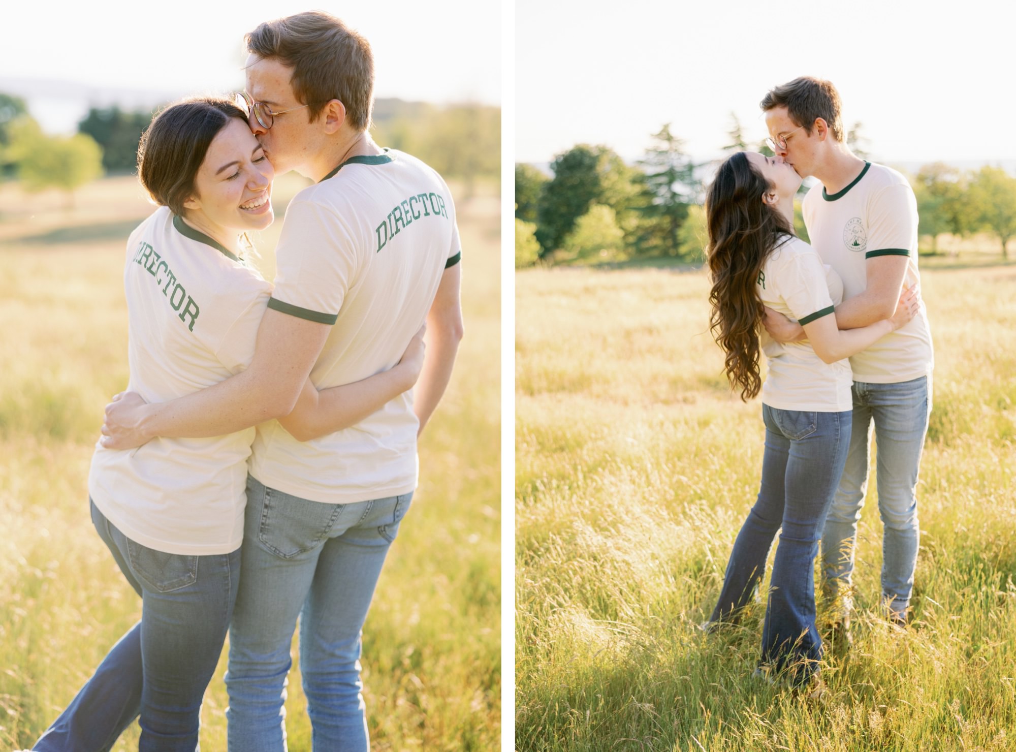 A couple sharing a kiss during a sunset in a grassy field.