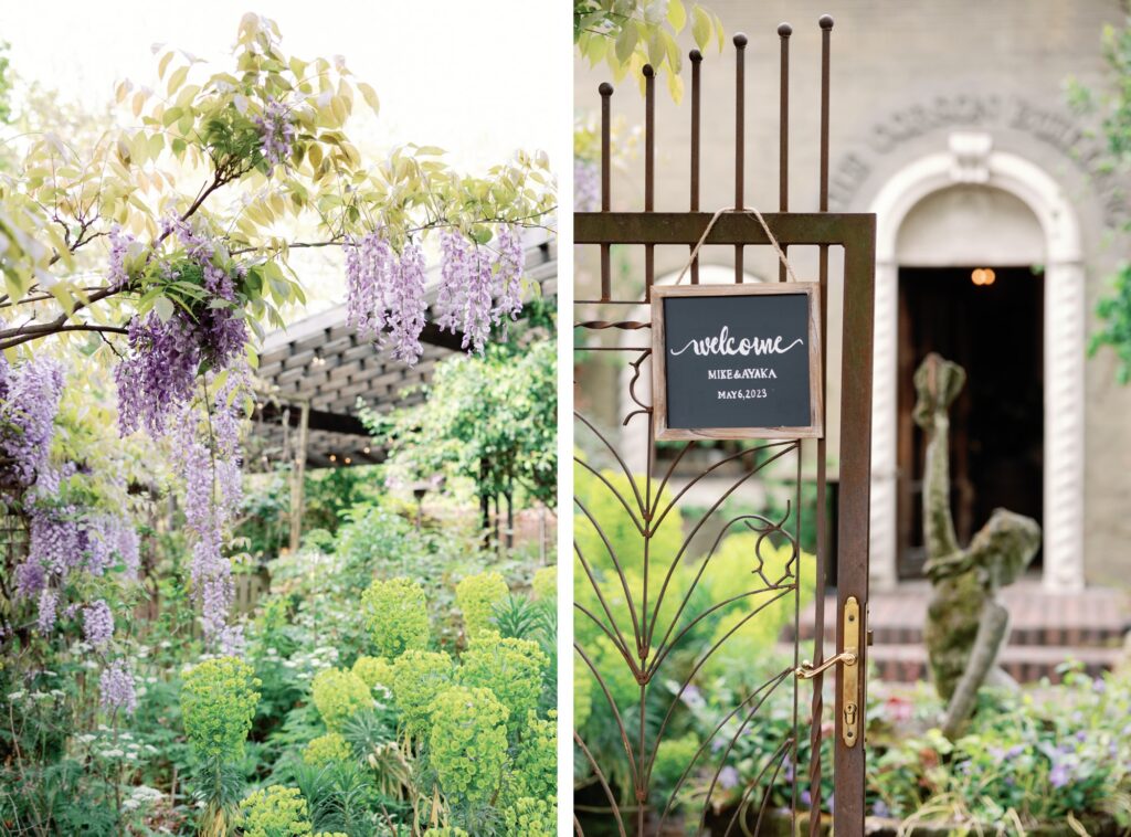 Purple wisteria flowers in the garden and a welcome sign for a wedding at the Corson Building.