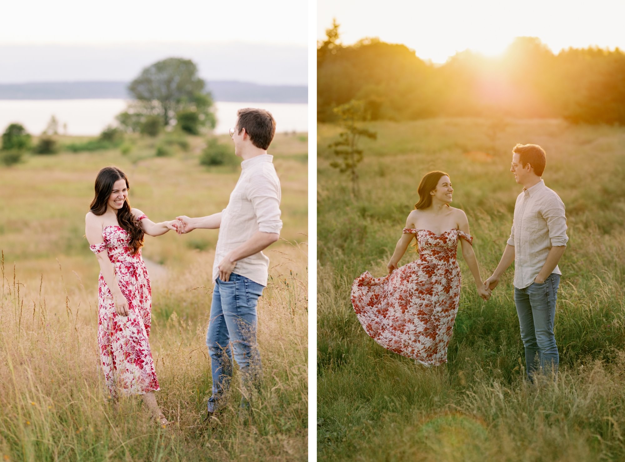 A couple holding hands and smiling in a grassy meadow, with the woman in a floral dress and the man in a light shirt.