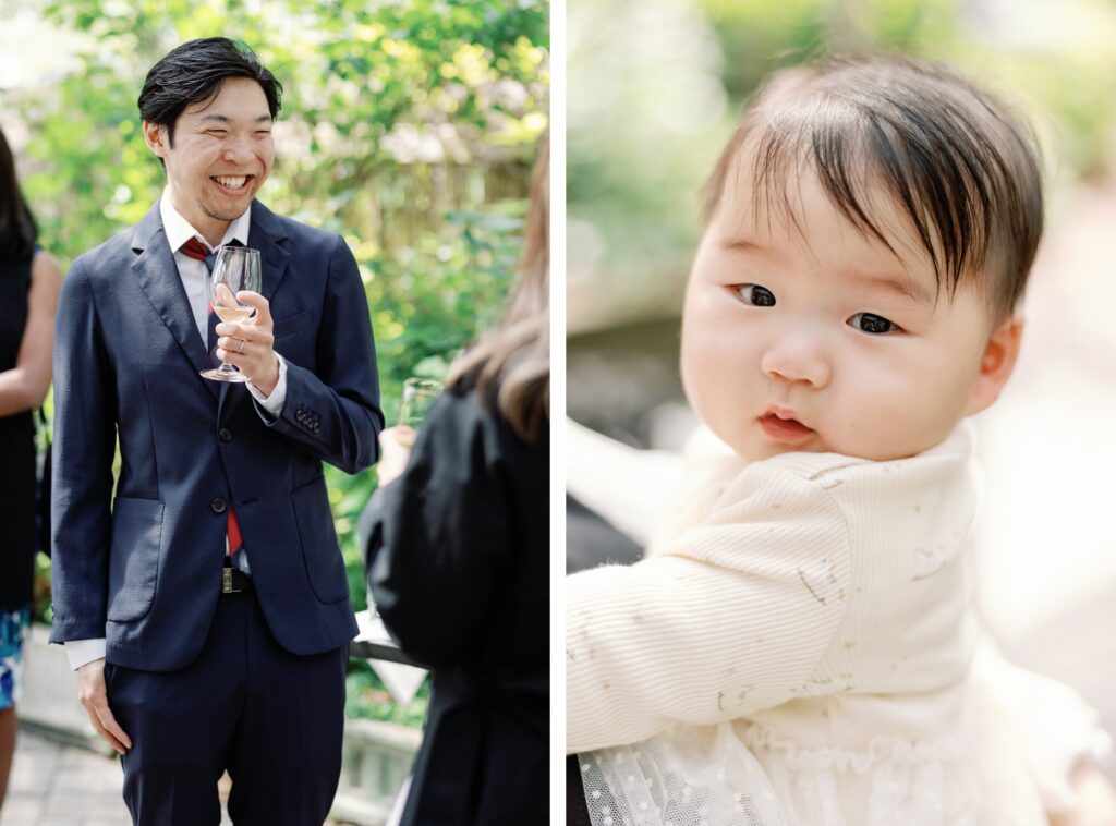 A wedding guest smiling with a glass of champagne and a close-up of a baby.