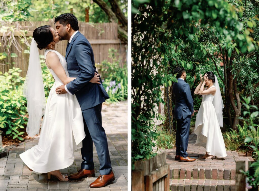 The bride and groom's first kiss and a private moment together in the garden.