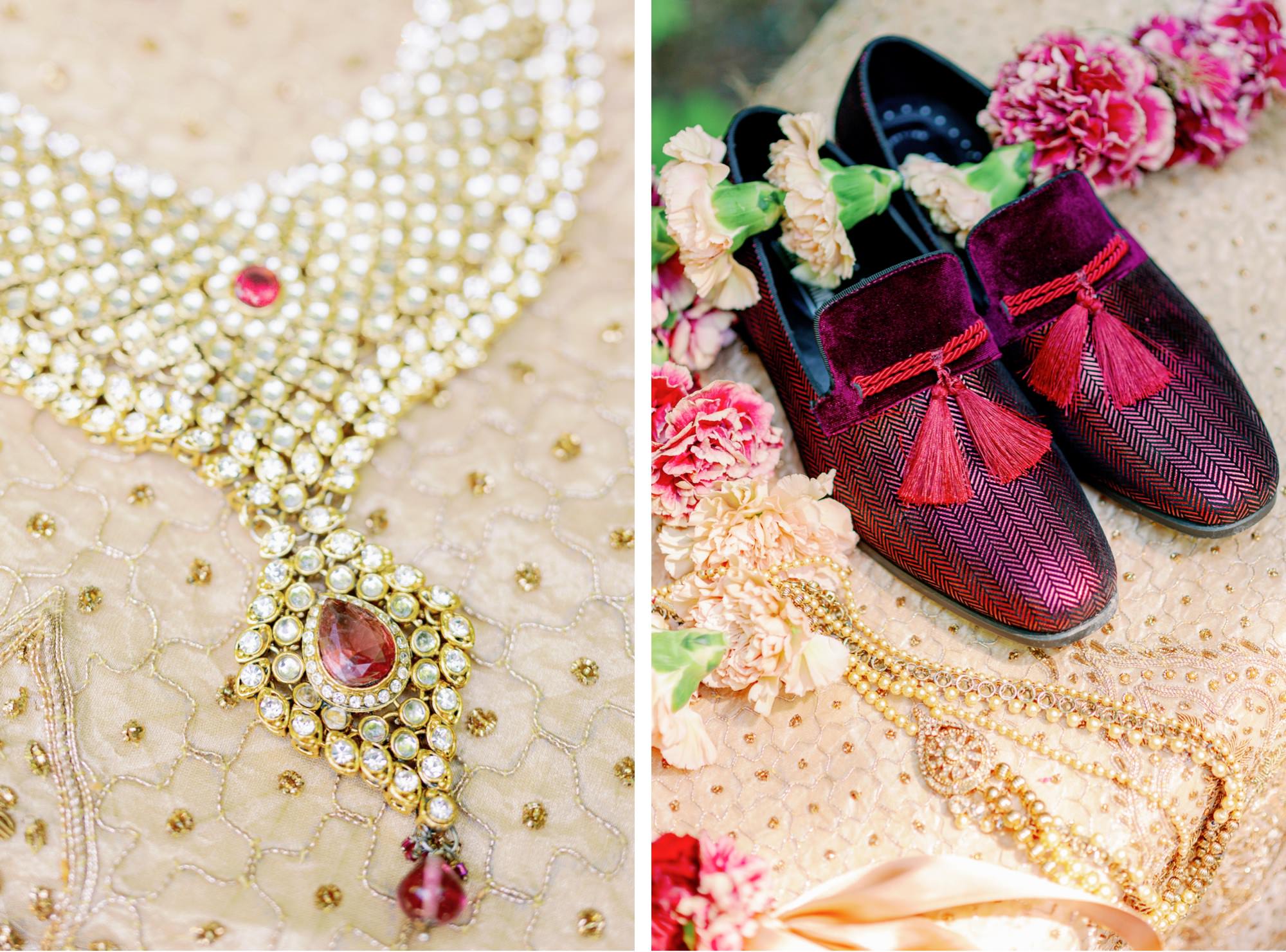 Golden necklace and red velvet shoes with tassels for the Sikh ceremony