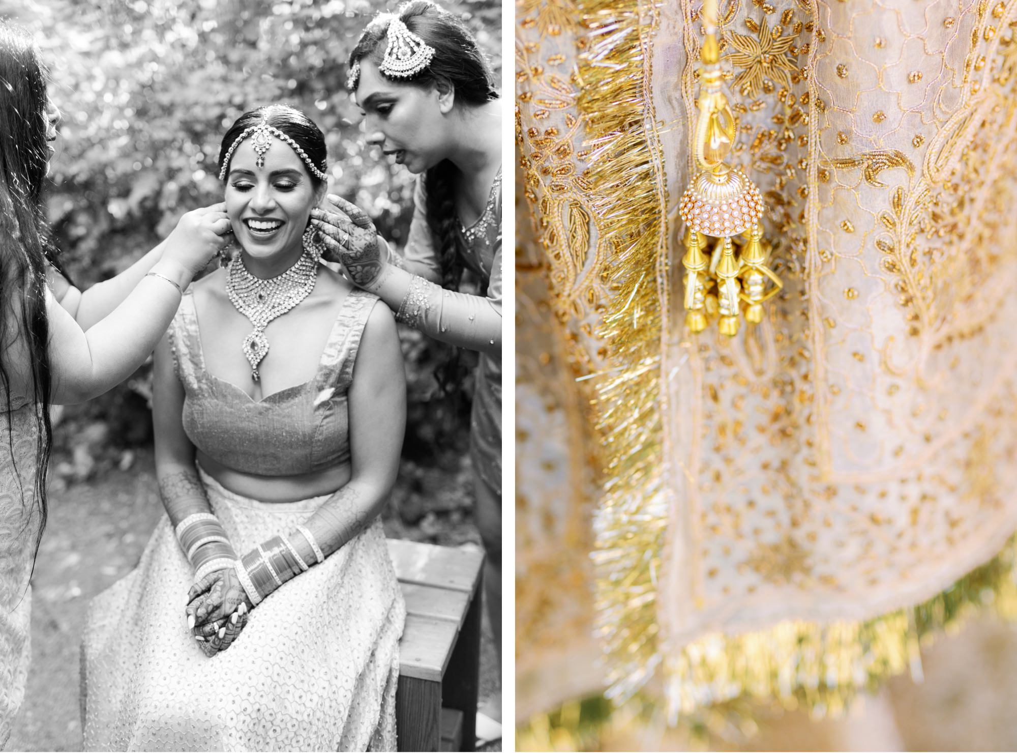 Bride laughing while friends adjust her jewelry