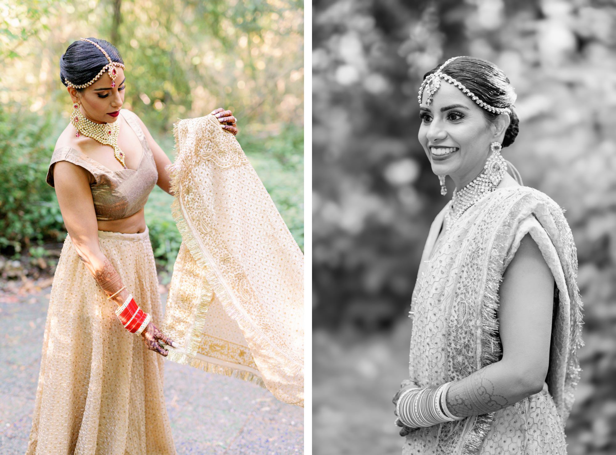 Bride adjusting her intricate golden lehenga