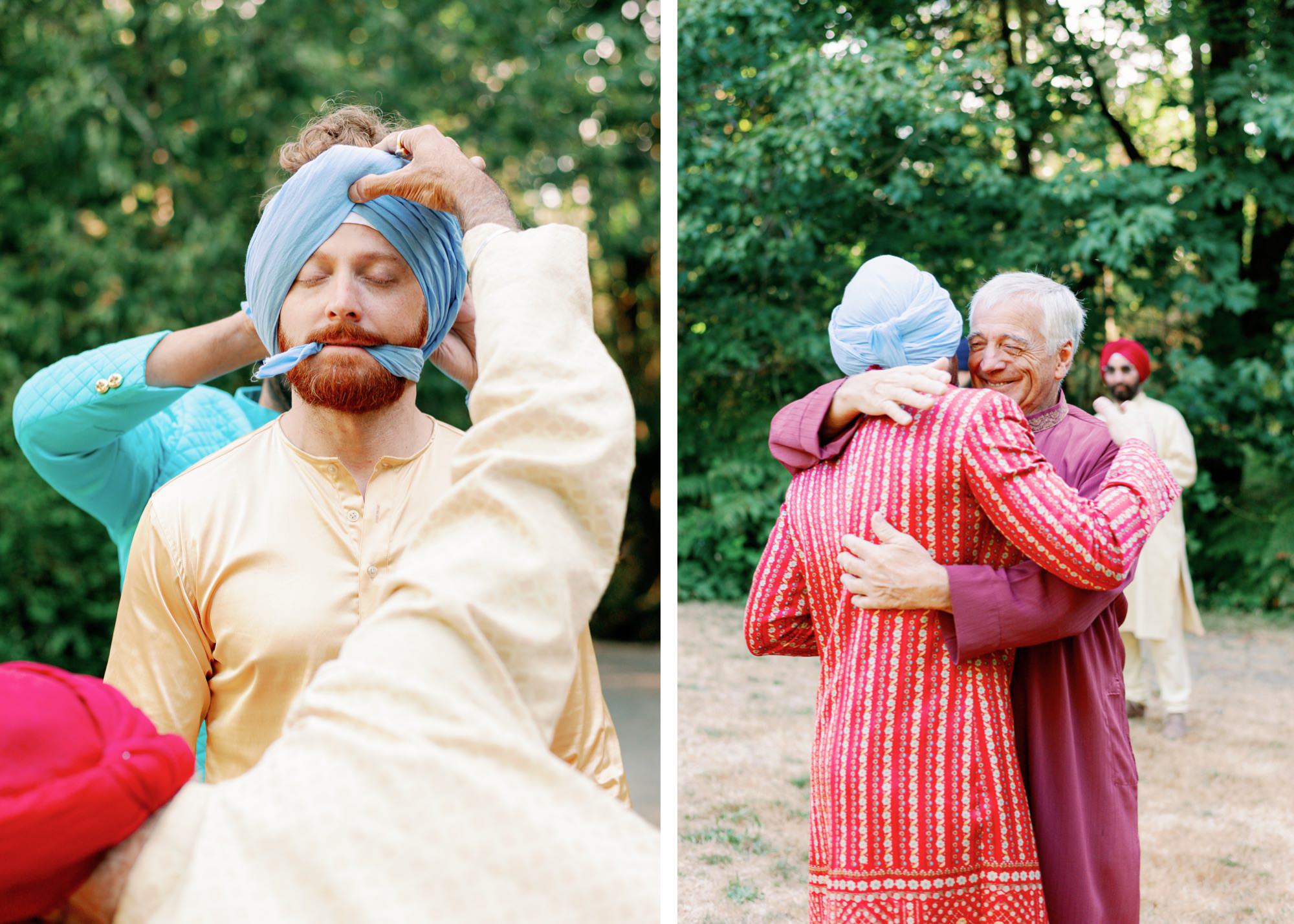 Groom tying turban with assistance