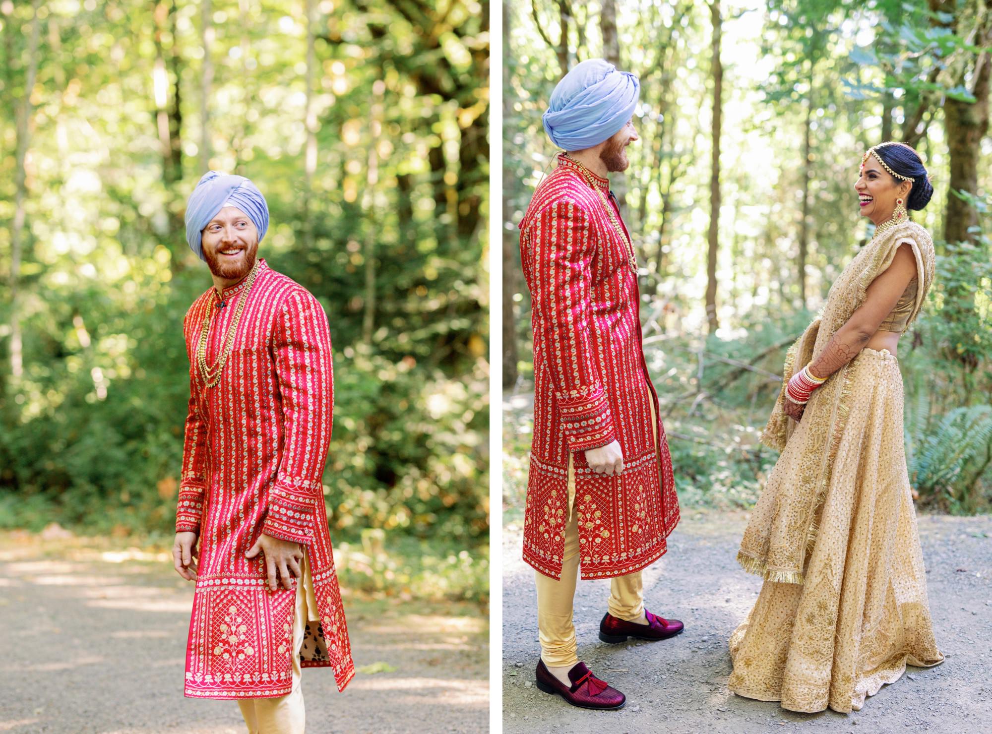 Groom in red traditional outfit smiling in the woods