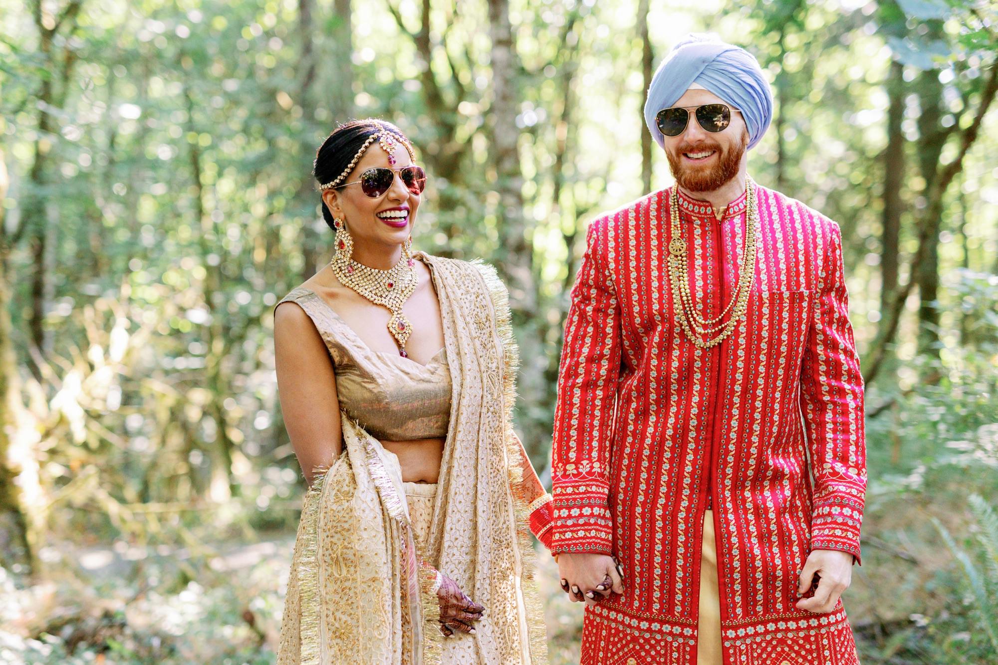 Bride and groom wearing sunglasses and smiling