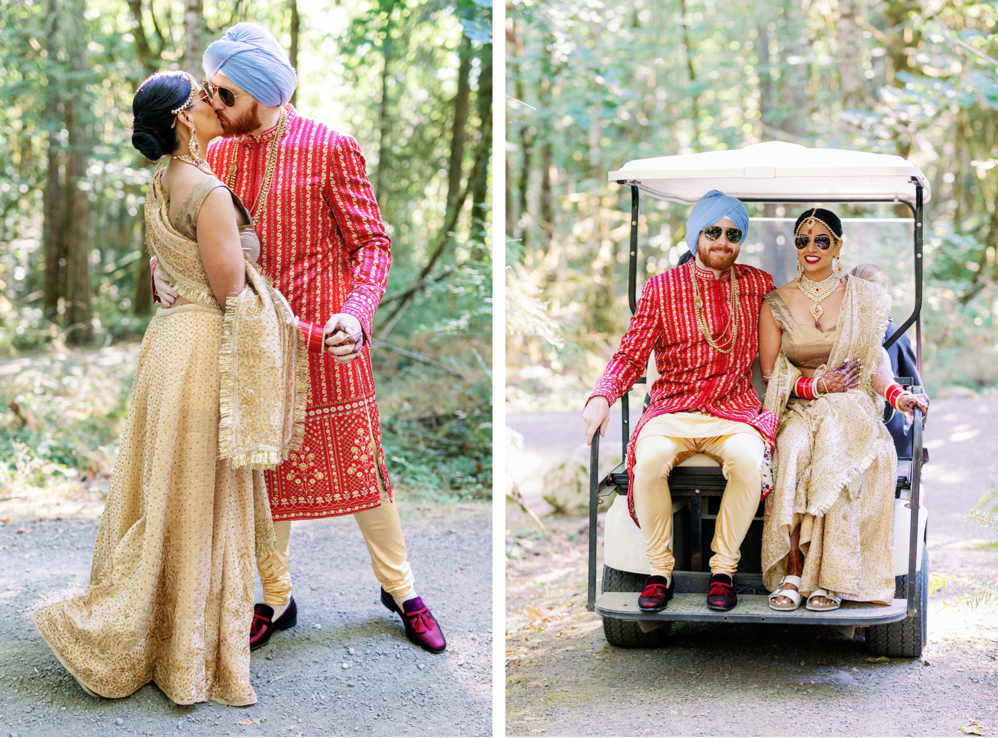 Bride and groom riding in a golf cart, smiling