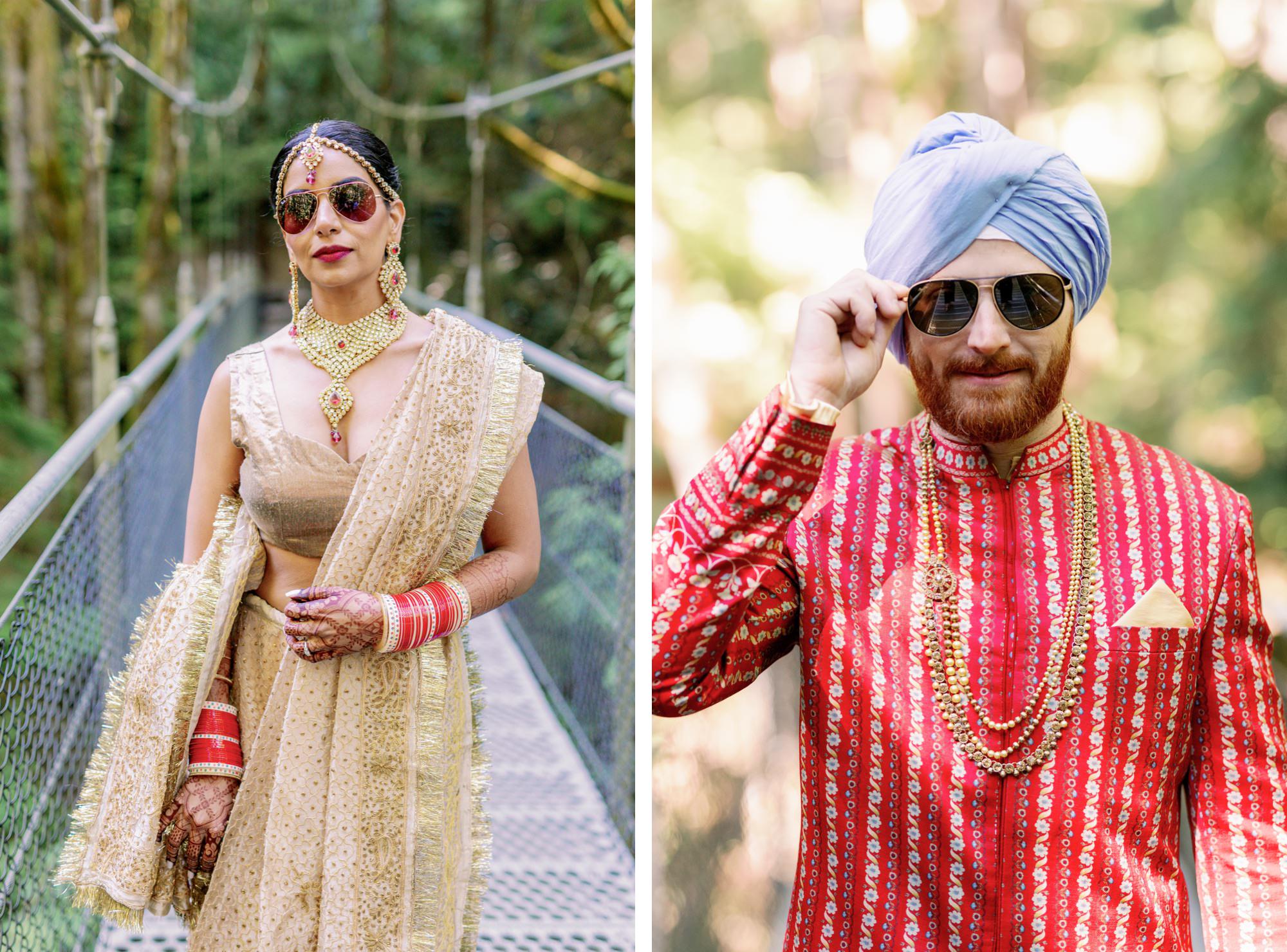 Bride and groom in traditional Indian wedding attire posing separately on a forest bridge.