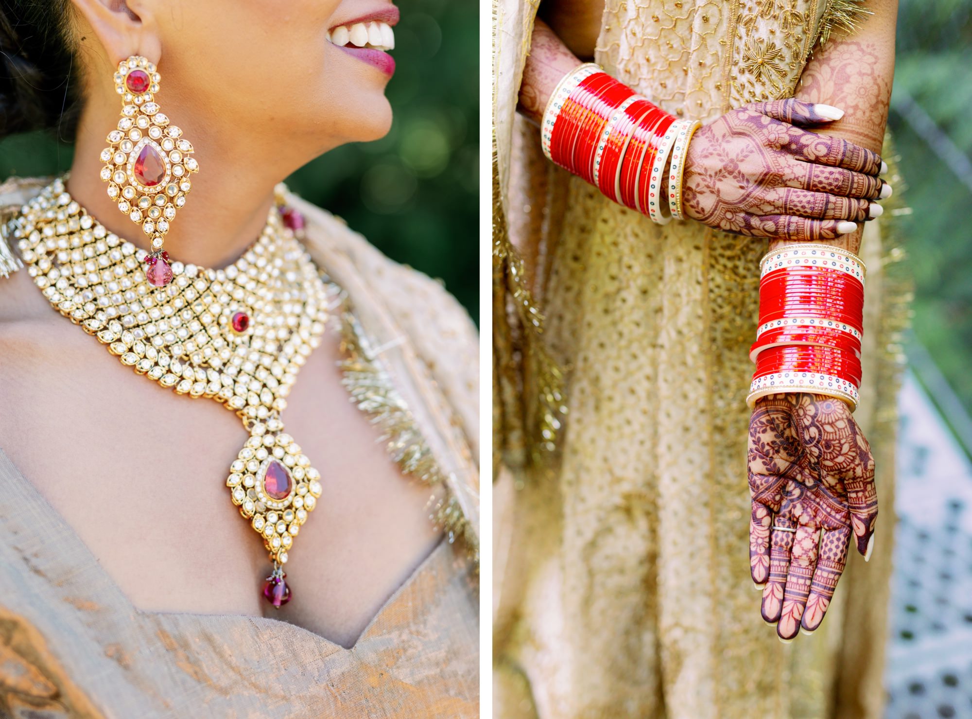 Close-up of bridal jewelry and henna on hands.