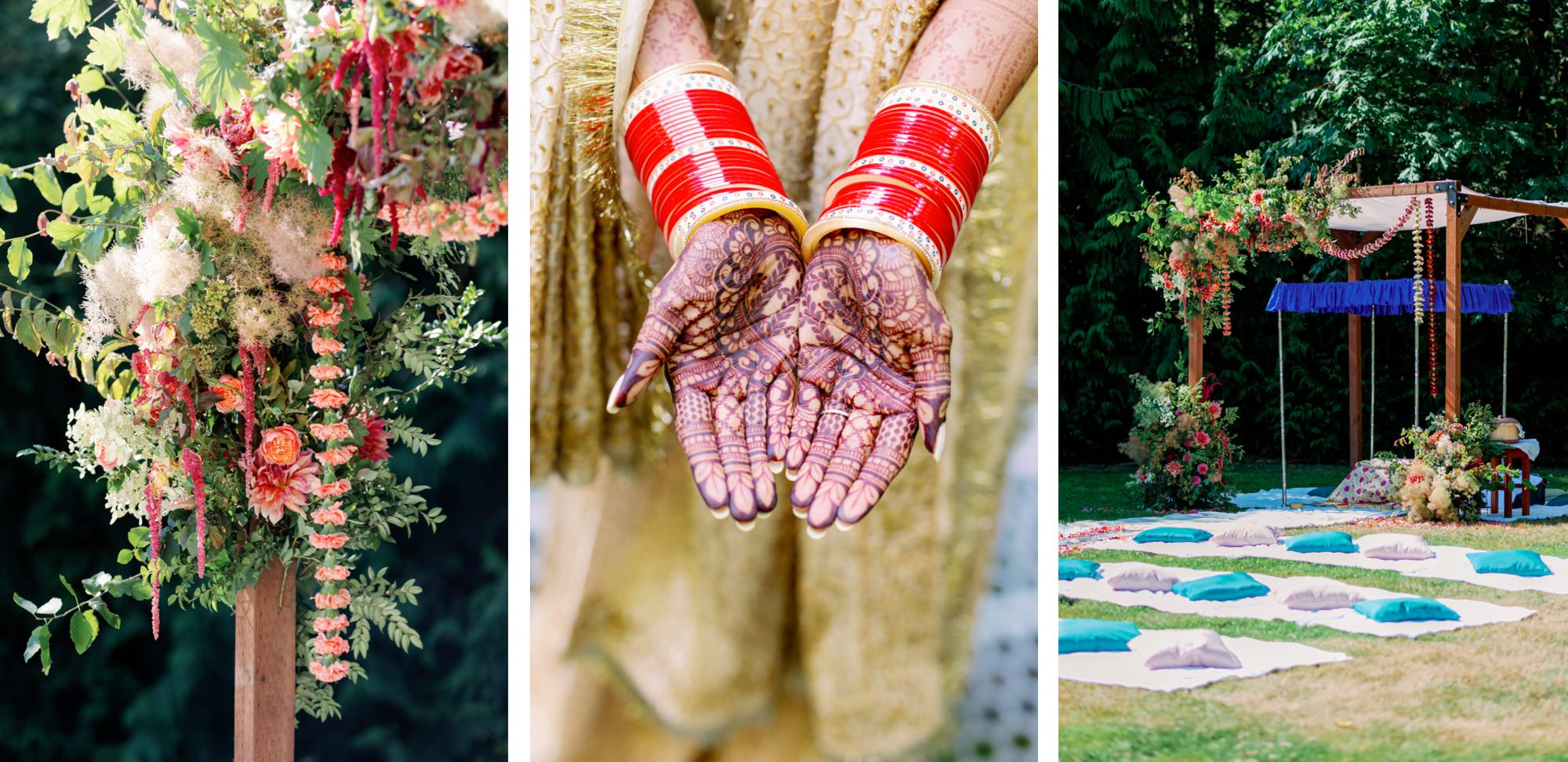 Vibrant wedding floral arrangement, bride's henna hands, and colorful ceremony setup.