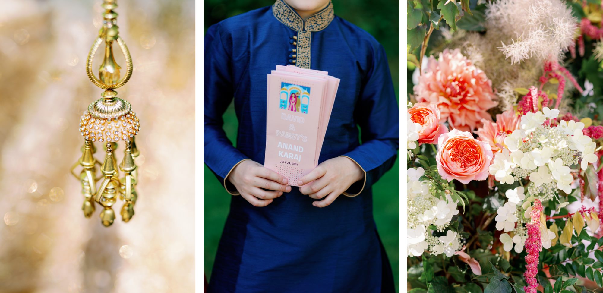 Golden wedding ornament, child holding wedding program, and close-up of wedding flowers.