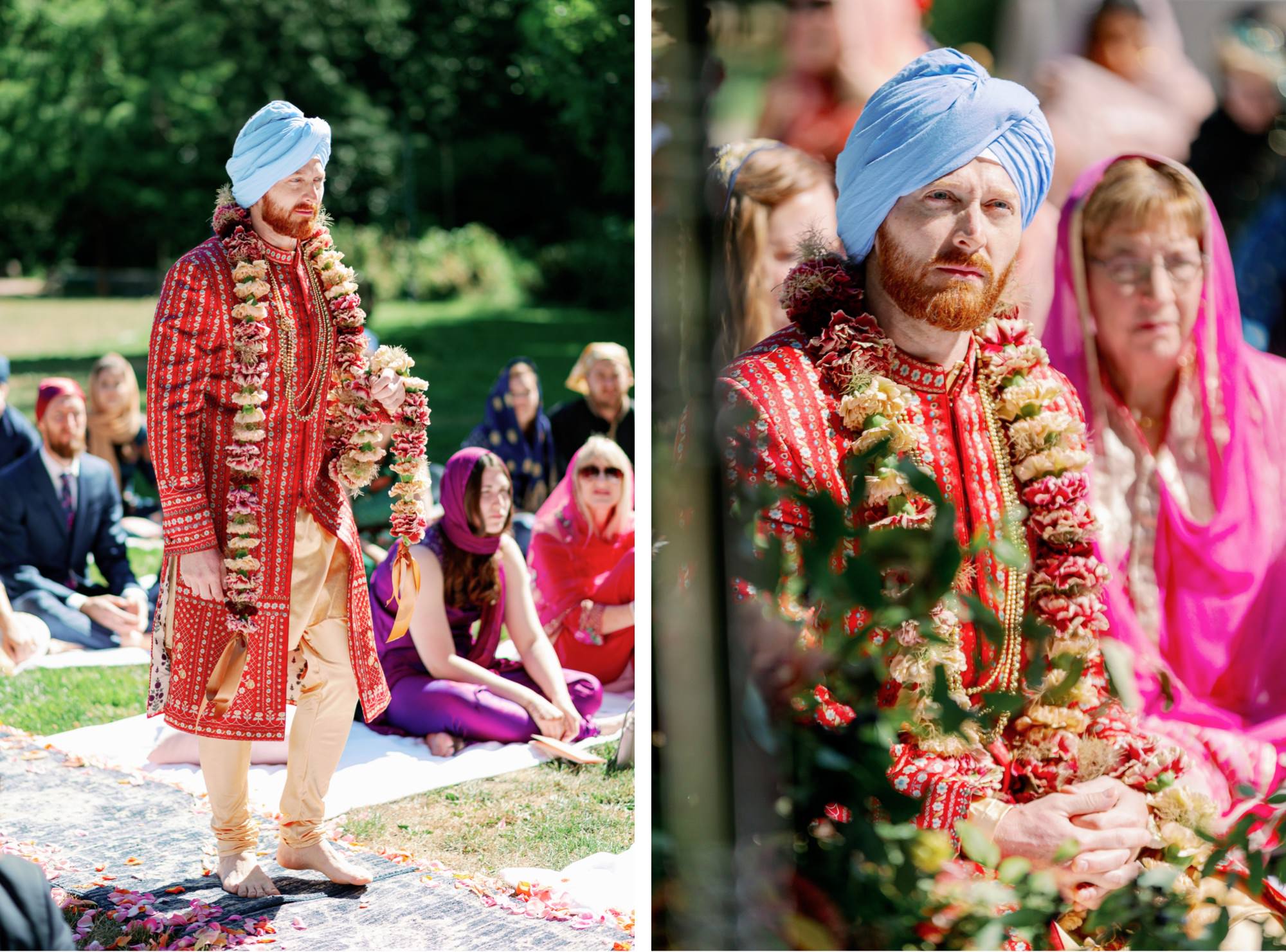 The groom walks towards the wedding ceremony, adorned with a floral garland.