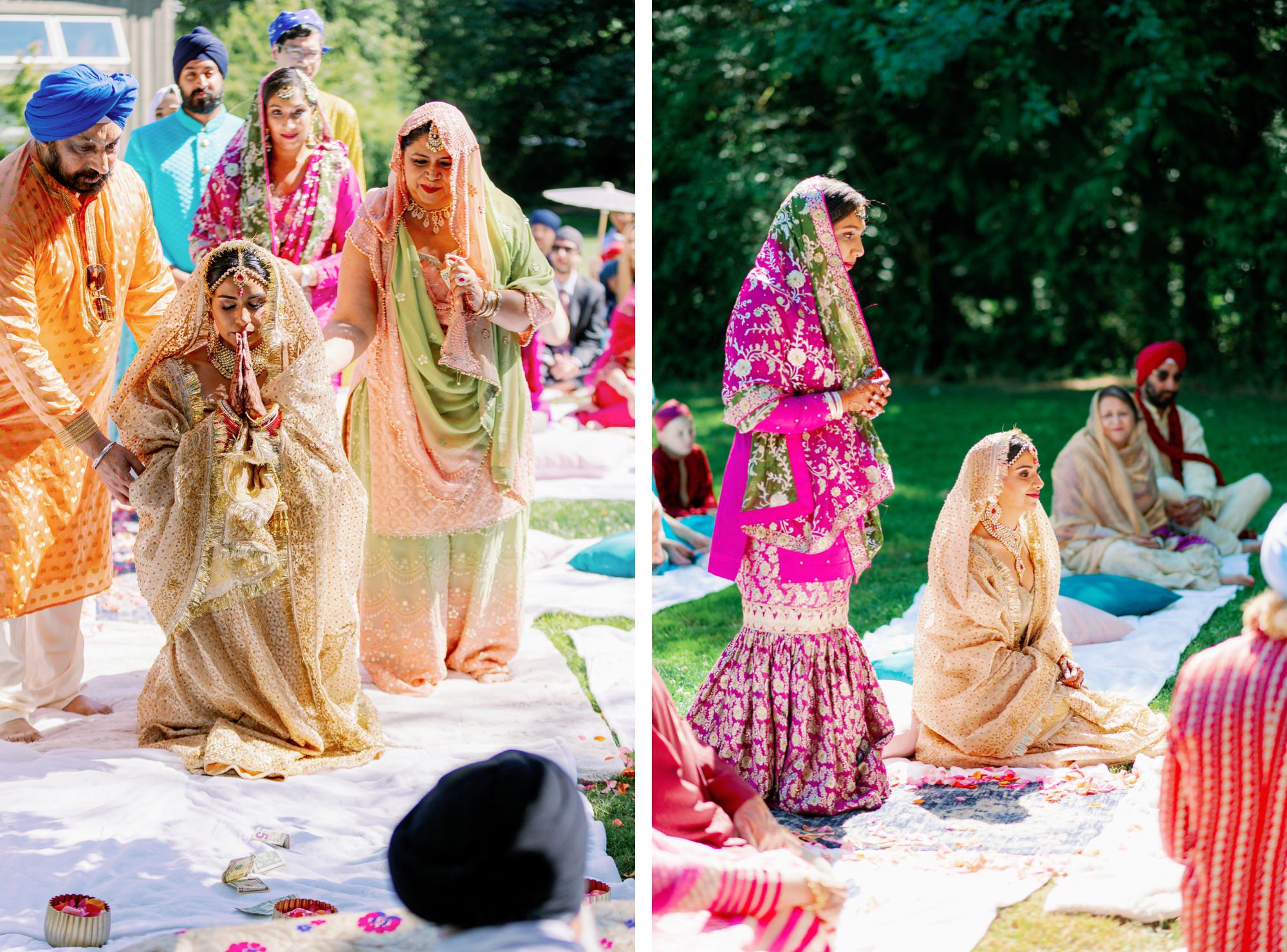 Family members assist the bride as she prepares for the wedding ceremony, and the bride sits gracefully with her family nearby.