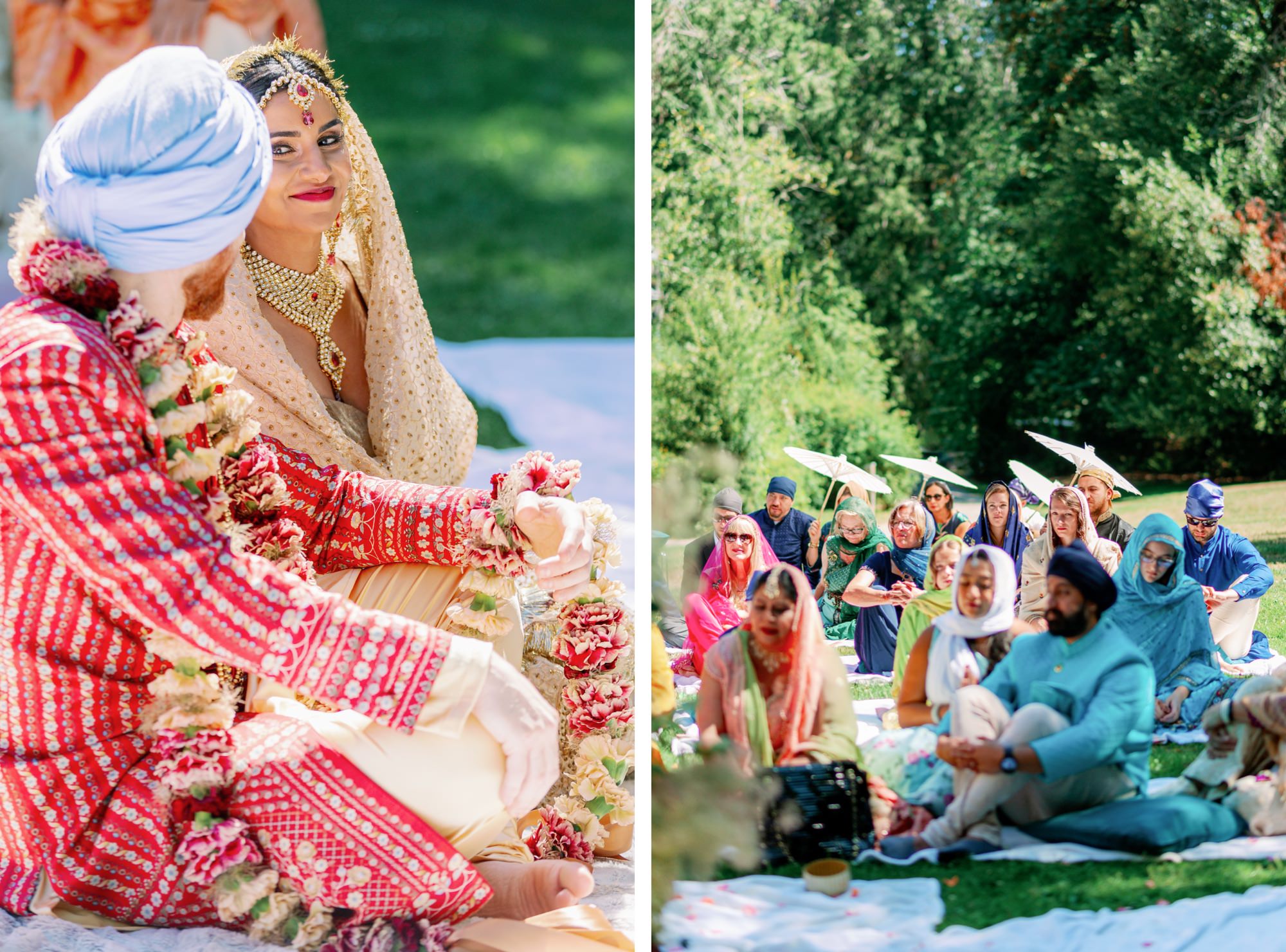 The bride looks lovingly at the groom during the wedding ceremony while guests attentively watch, some shading themselves with parasols.