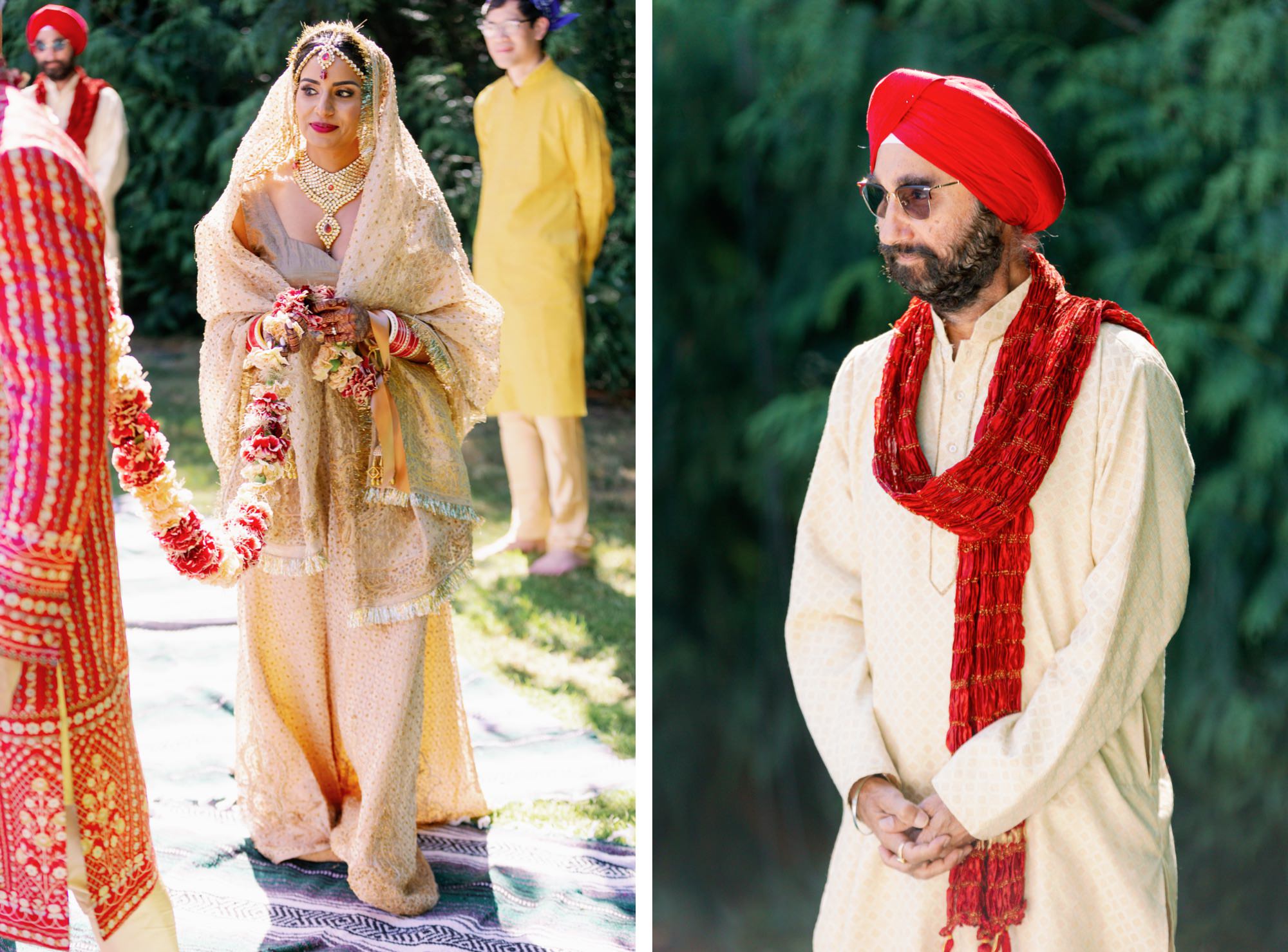 The bride, holding a floral garland, walks towards the groom, while a guest in traditional attire stands attentively.