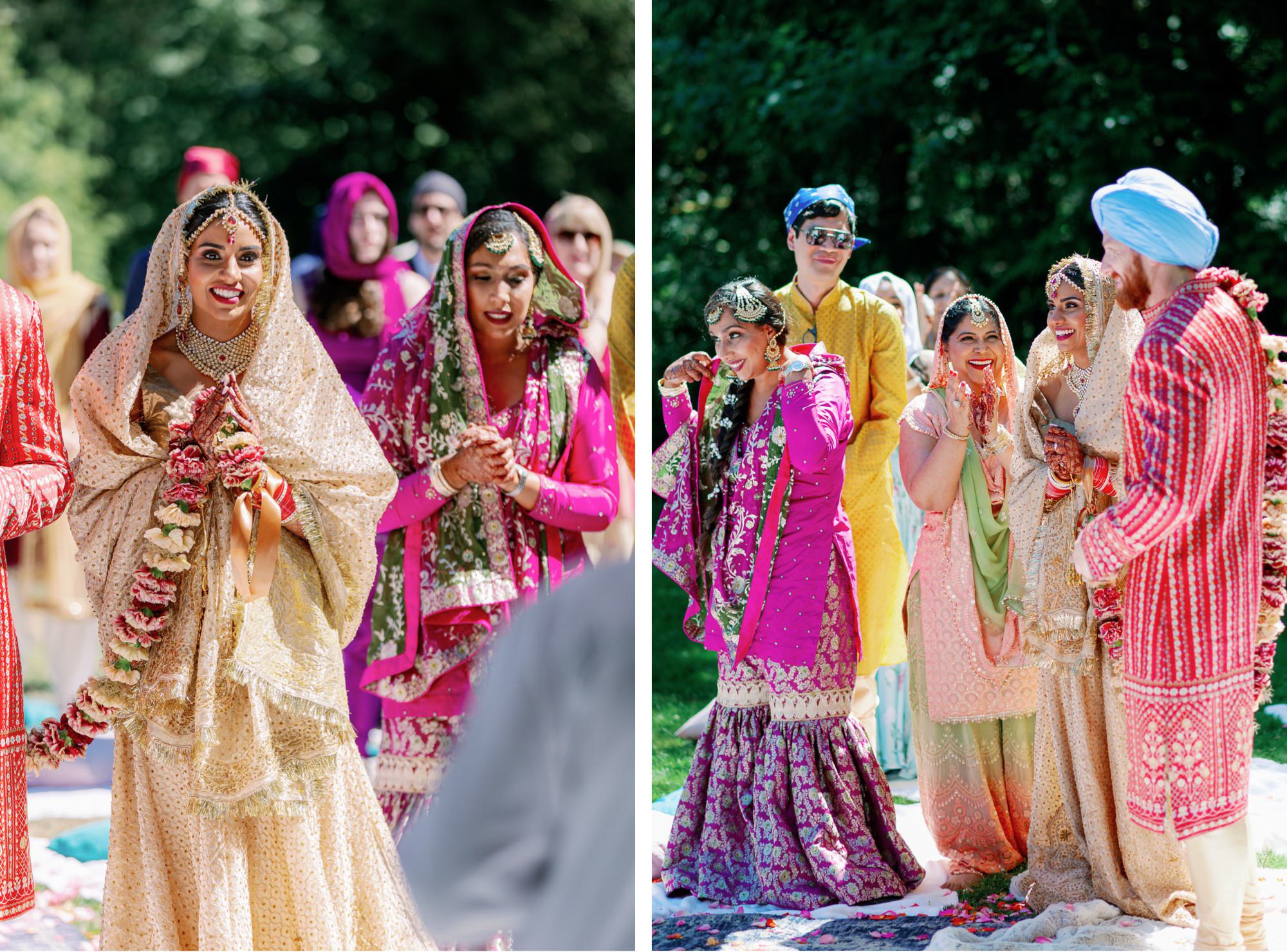 Bride and her bridesmaids in vibrant traditional attire, smiling during the wedding ceremony.