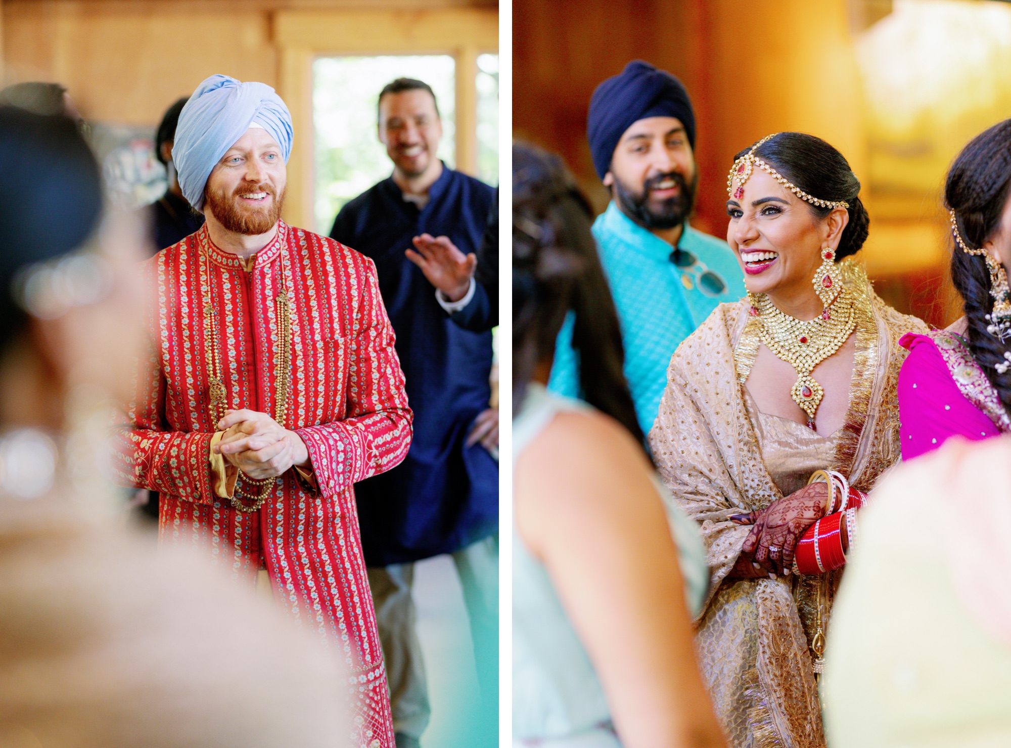 Groom smiling and bride laughing during the wedding reception.