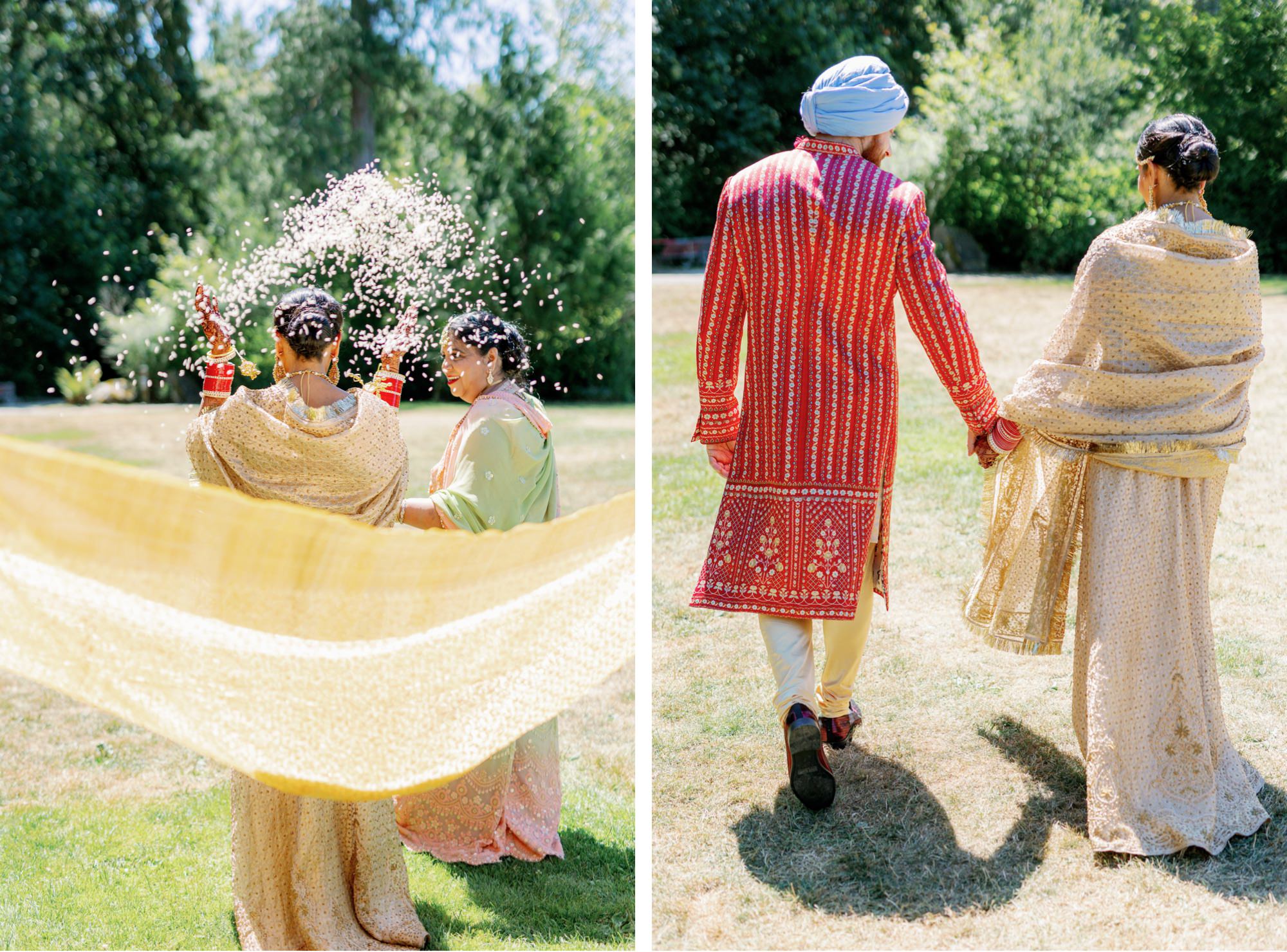 Bride and groom walking hand in hand, with the bride's veil flowing in the wind and flower petals being thrown.