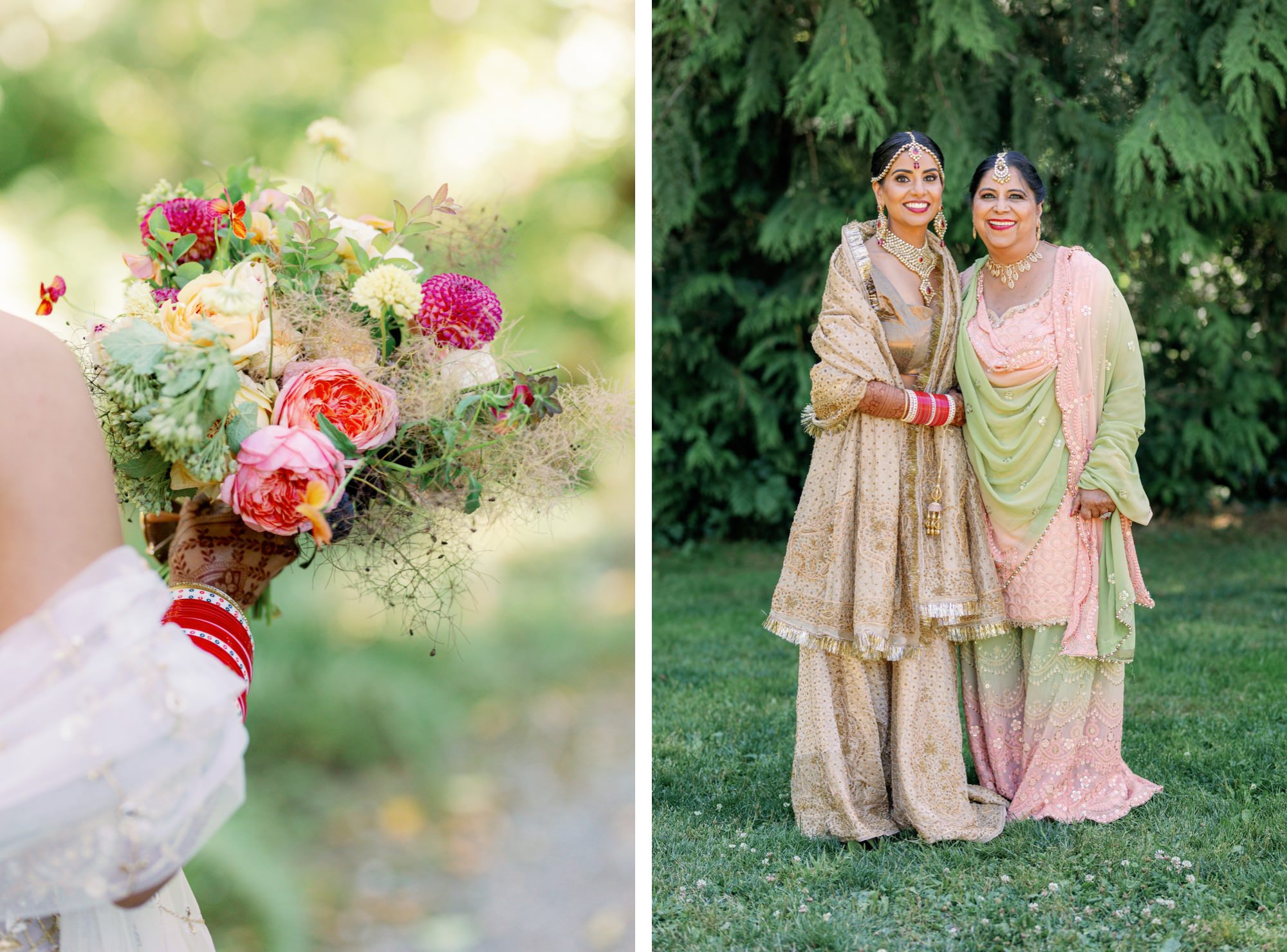 Bride holding a vibrant bouquet of flowers next to a family member in traditional attire.