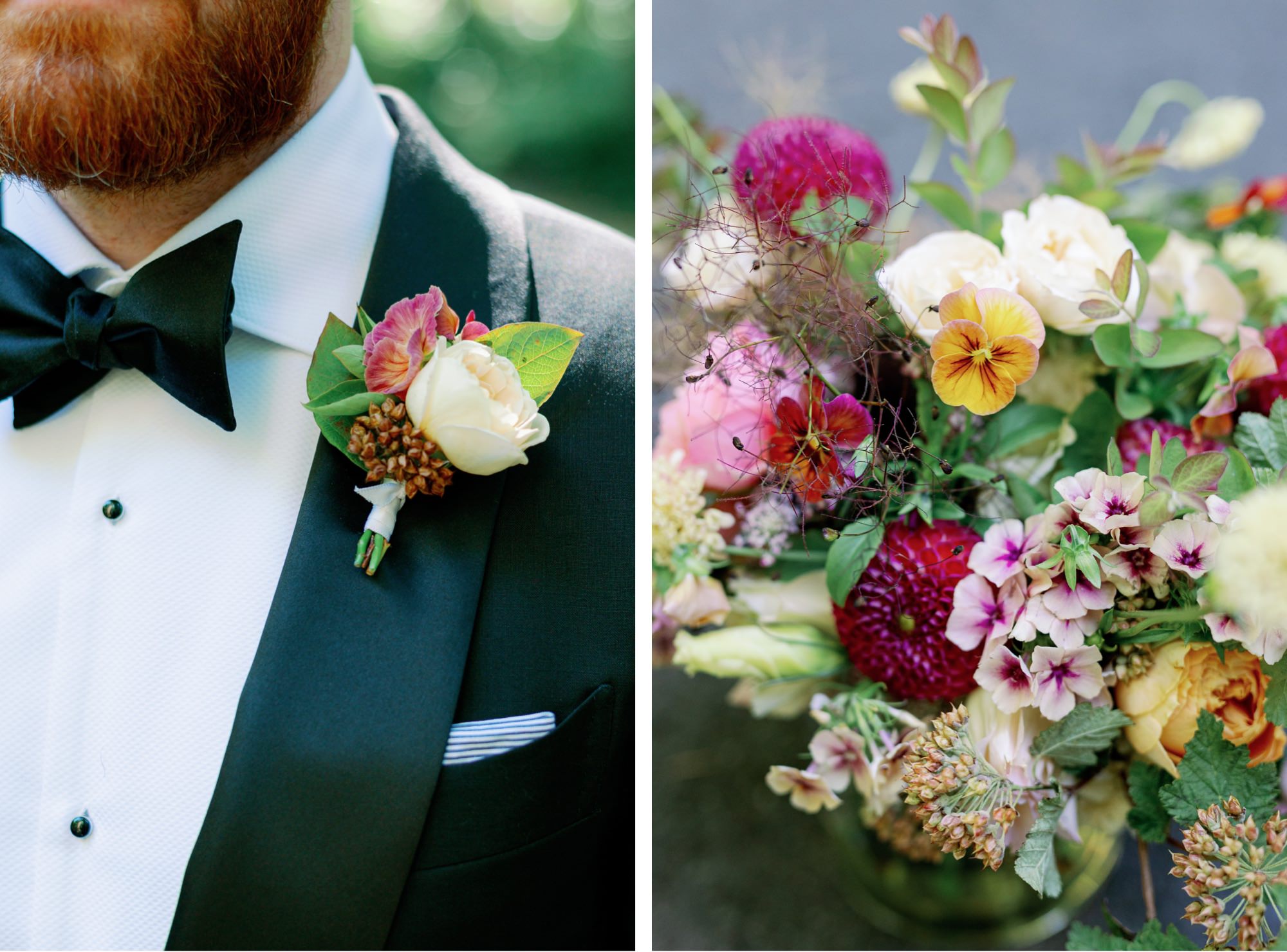 Close-up of groom's boutonniere and a vibrant floral arrangement at the wedding.