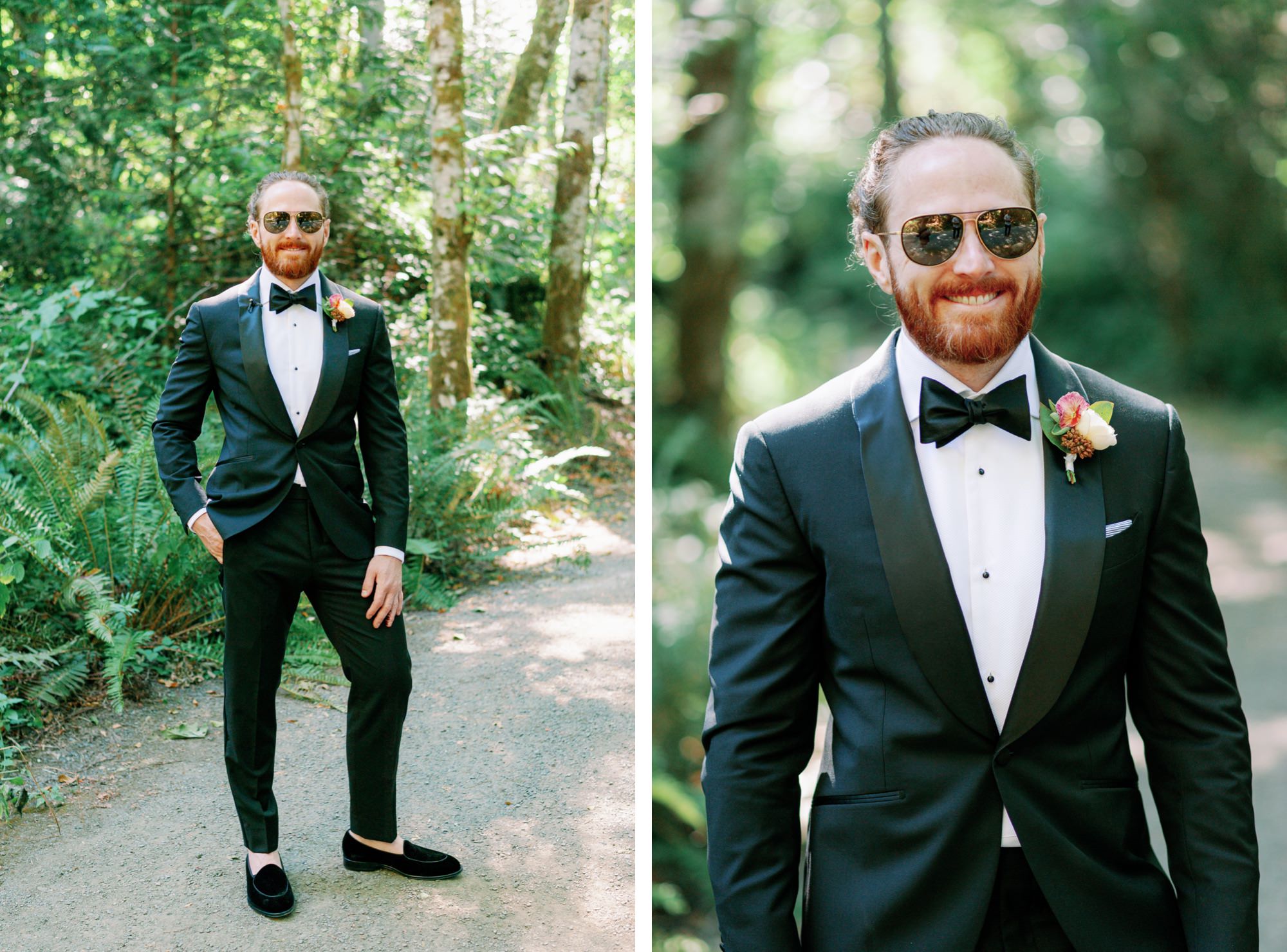 Groom in a tuxedo posing confidently in the forest; groom smiling in sunglasses.