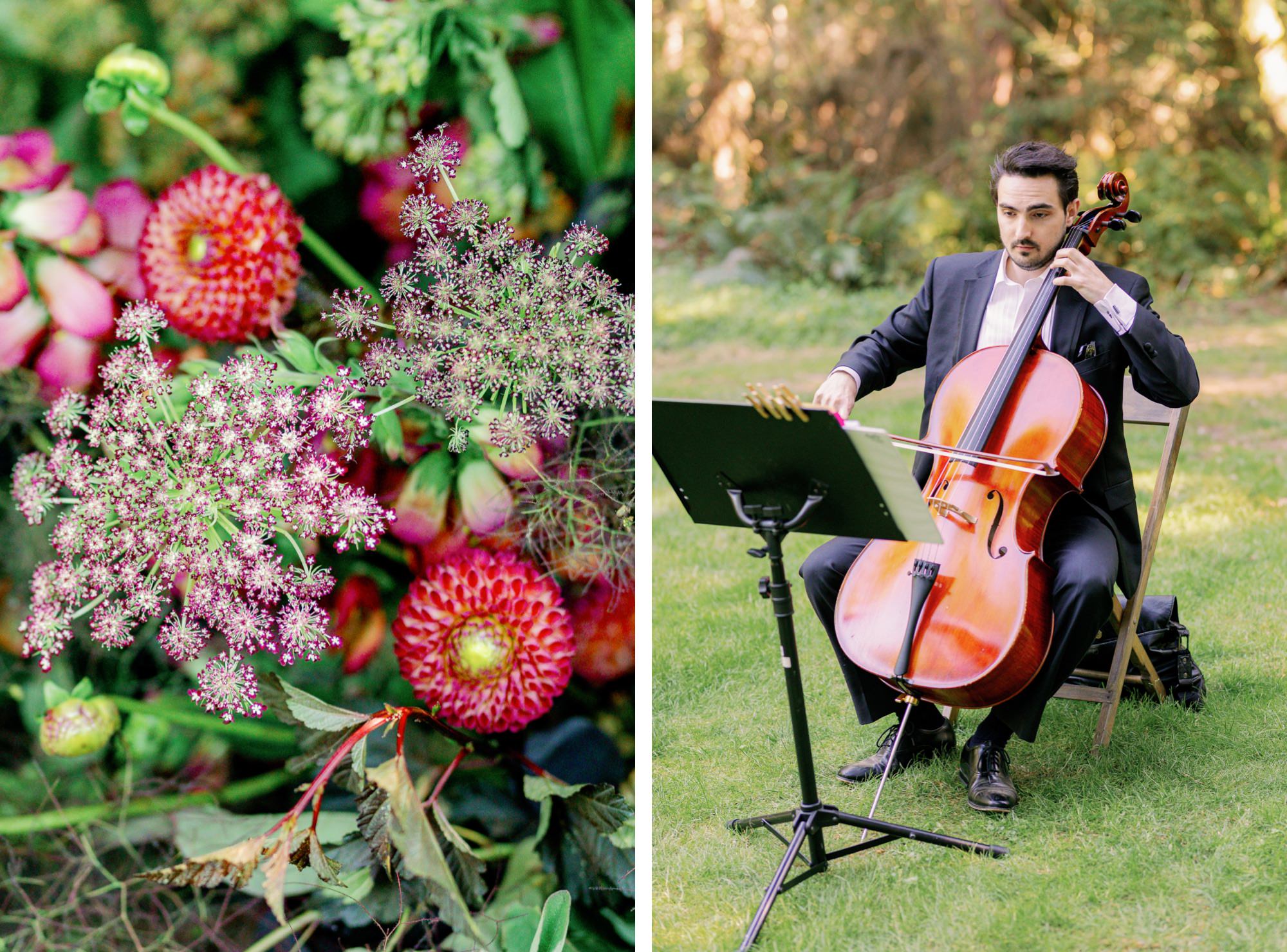 Close-up of floral bouquet and cellist playing at the ceremony