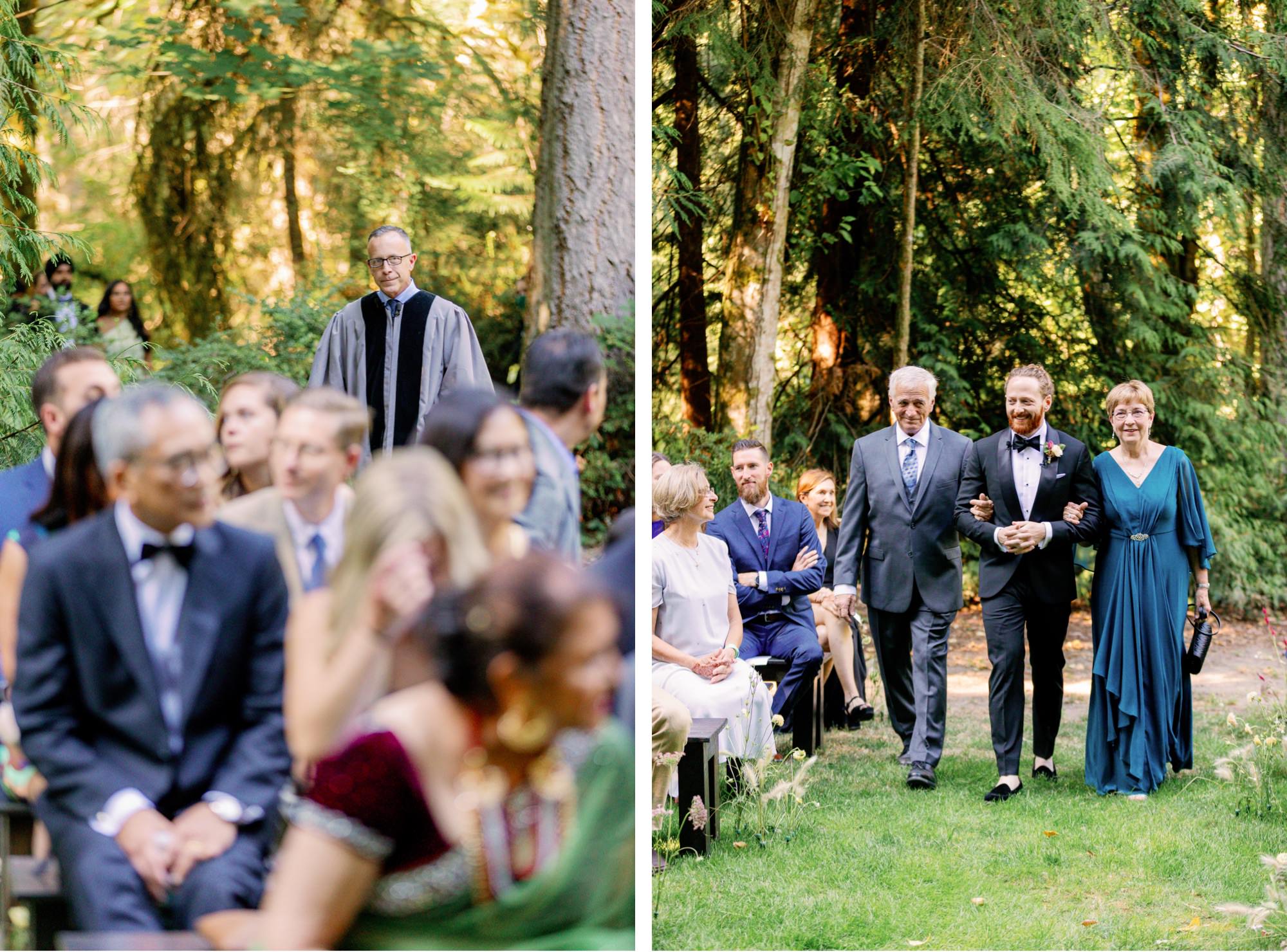 Wedding ceremony with guests and officiant in a forest setting