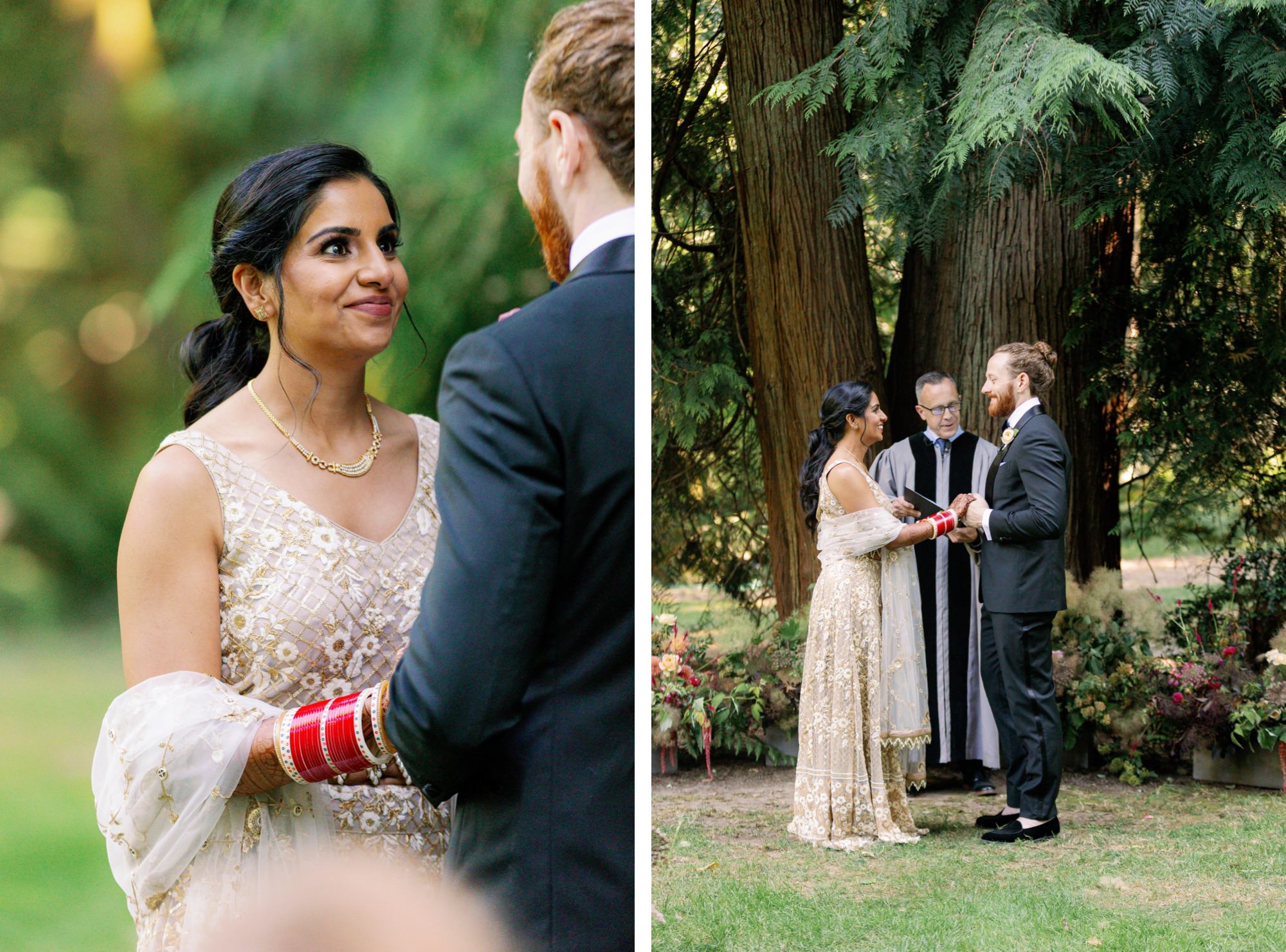 Bride and groom exchanging vows under the trees during their wedding ceremony.